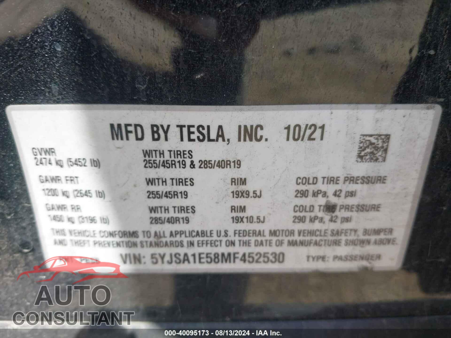 TESLA MODEL S 2021 - 5YJSA1E58MF452530
