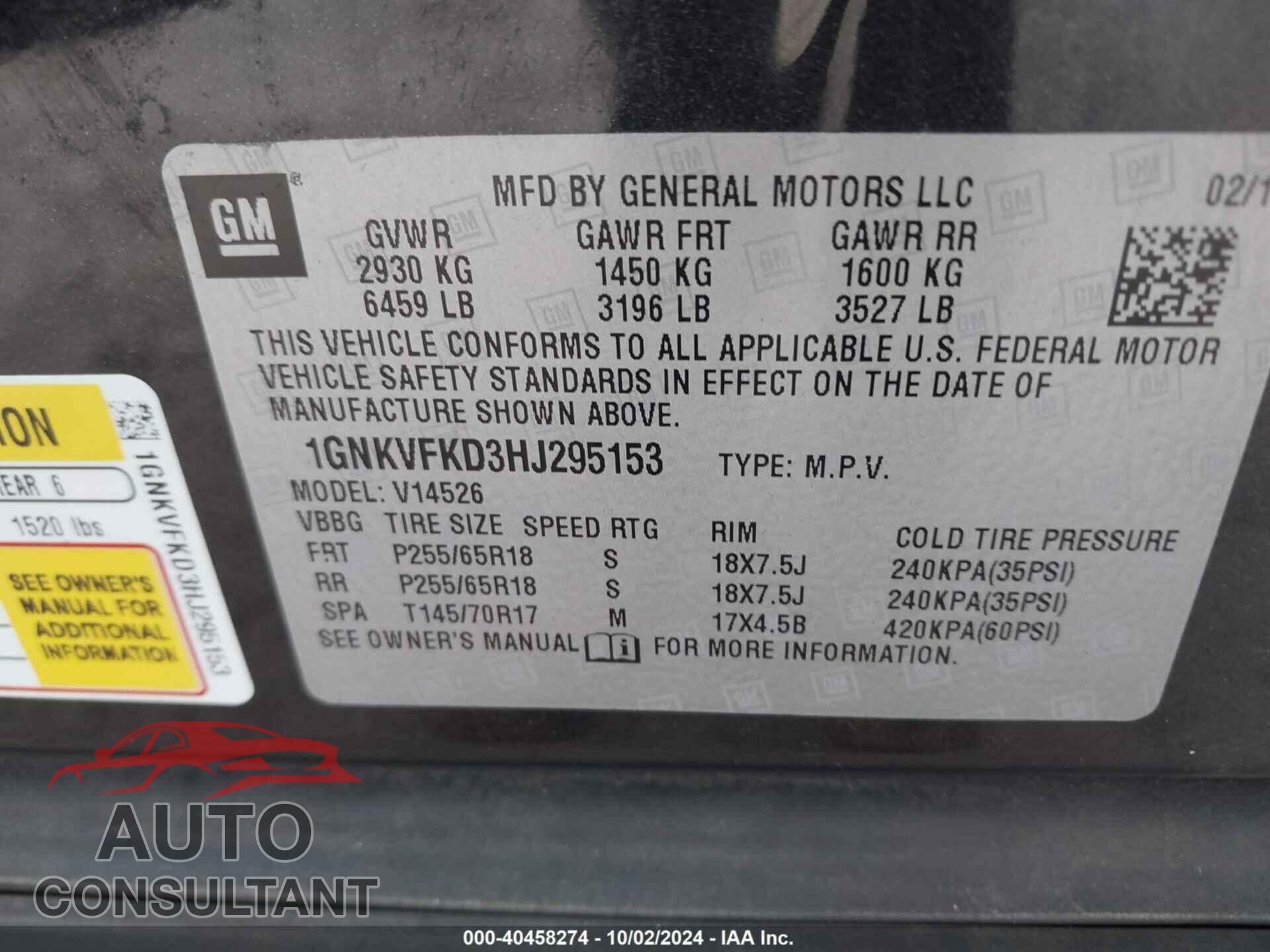 CHEVROLET TRAVERSE 2017 - 1GNKVFKD3HJ295153