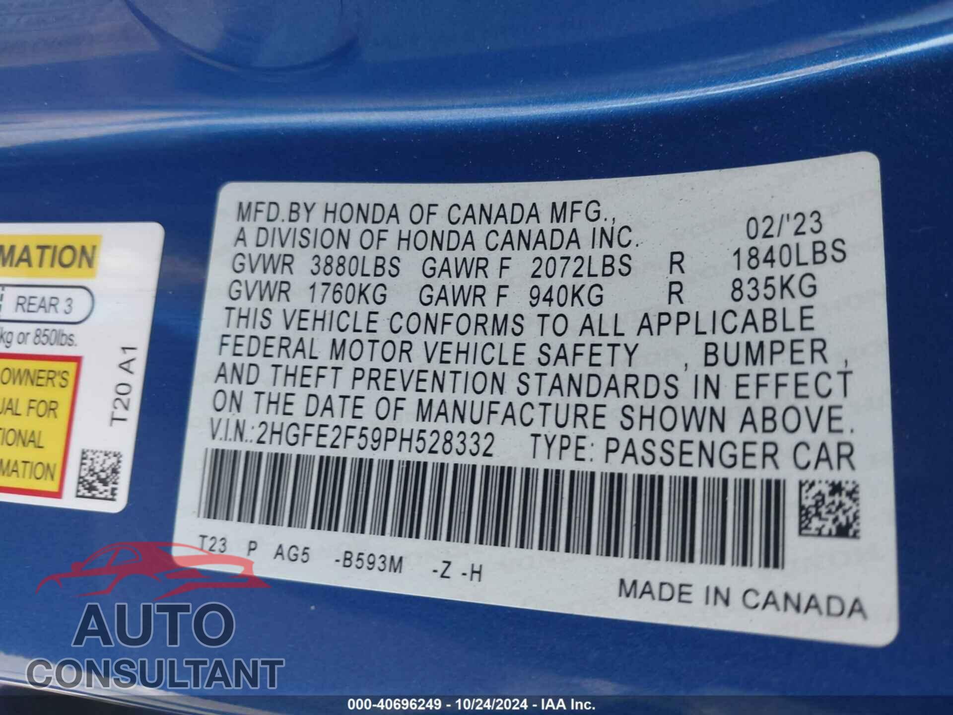 HONDA CIVIC 2023 - 2HGFE2F59PH528332