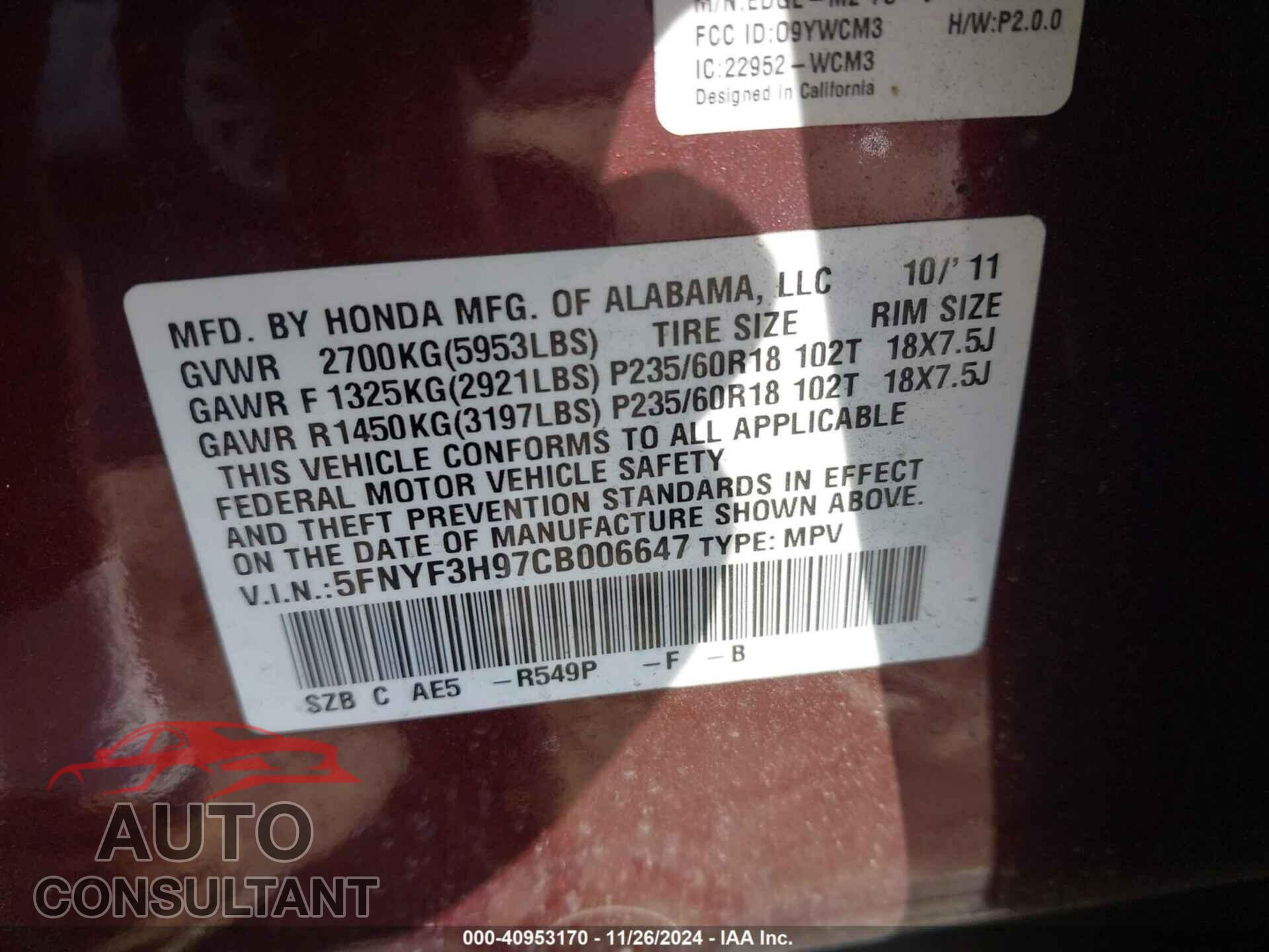 HONDA PILOT 2012 - 5FNYF3H97CB006647