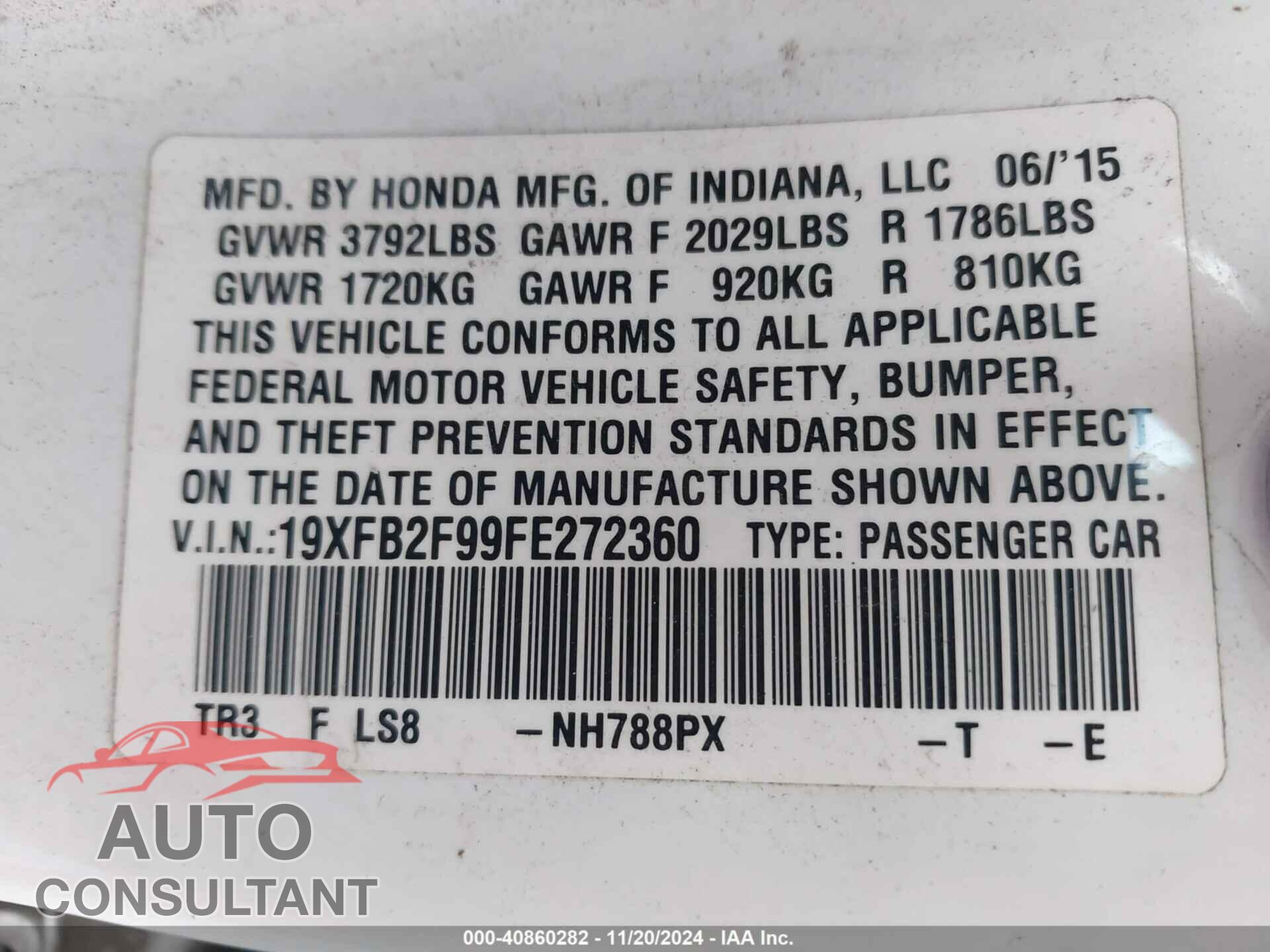 HONDA CIVIC 2015 - 19XFB2F99FE272360