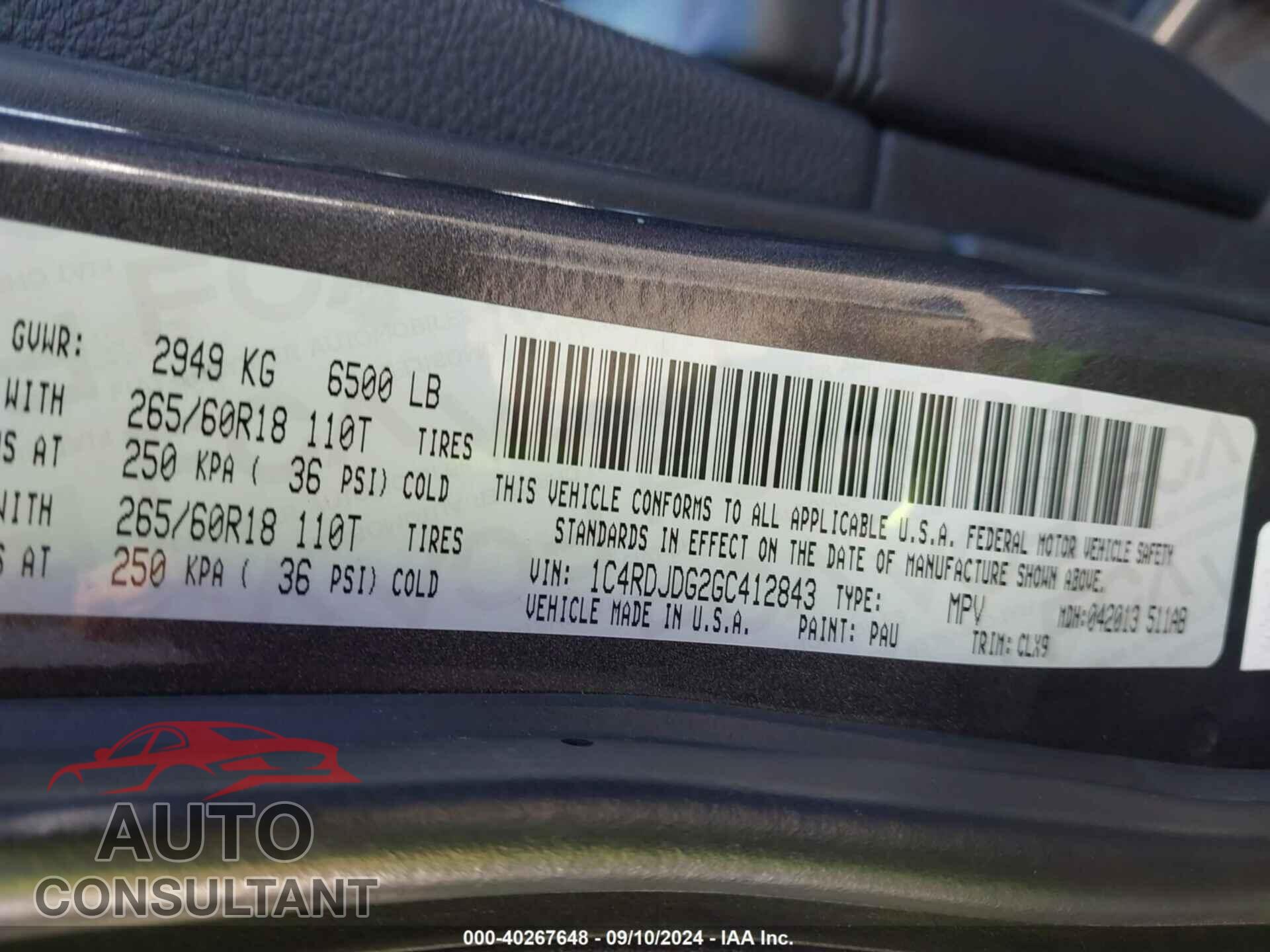 DODGE DURANGO 2016 - 1C4RDJDG2GC412843
