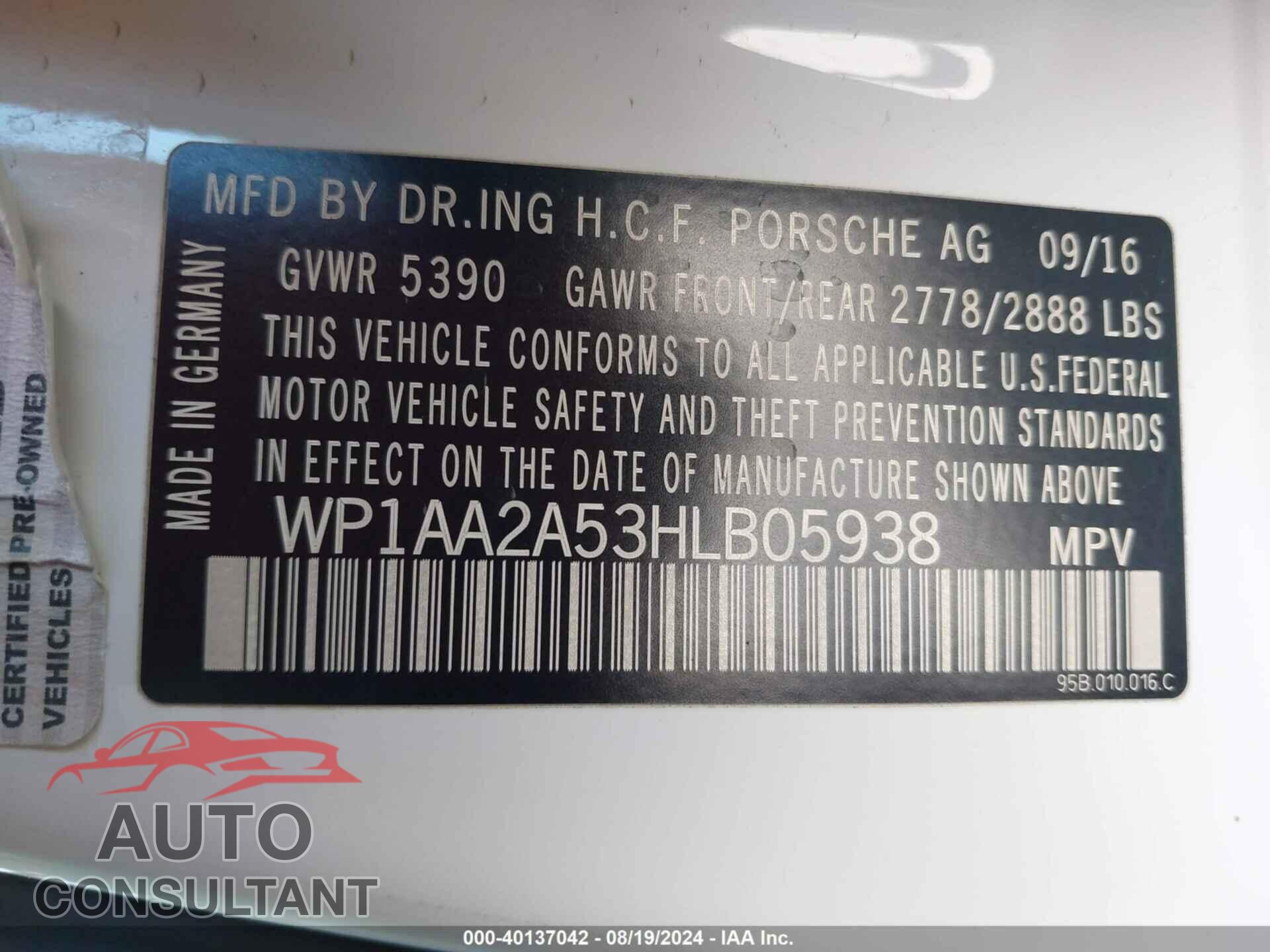 PORSCHE MACAN 2017 - WP1AA2A53HLB05938