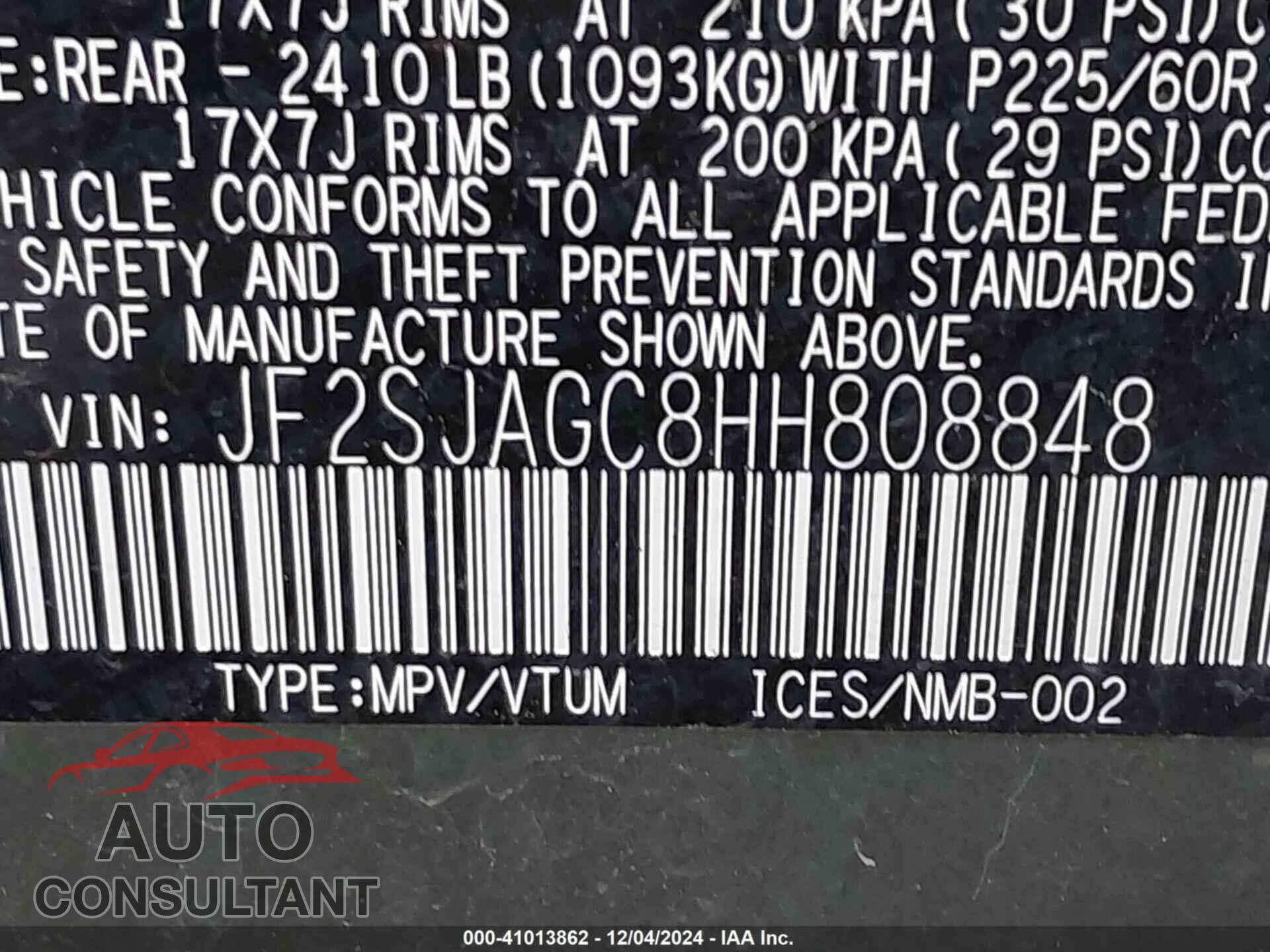 SUBARU FORESTER 2017 - JF2SJAGC8HH808848