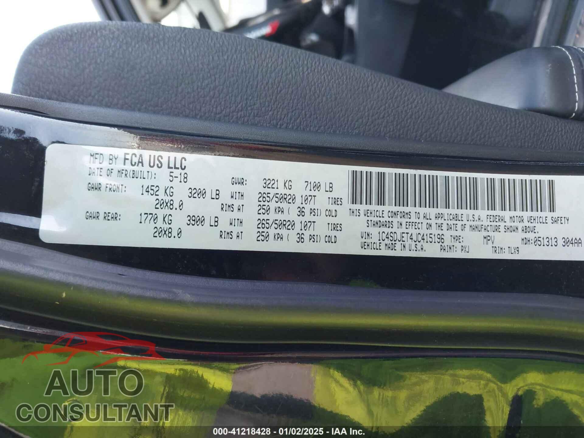DODGE DURANGO 2018 - 1C4SDJET4JC415196