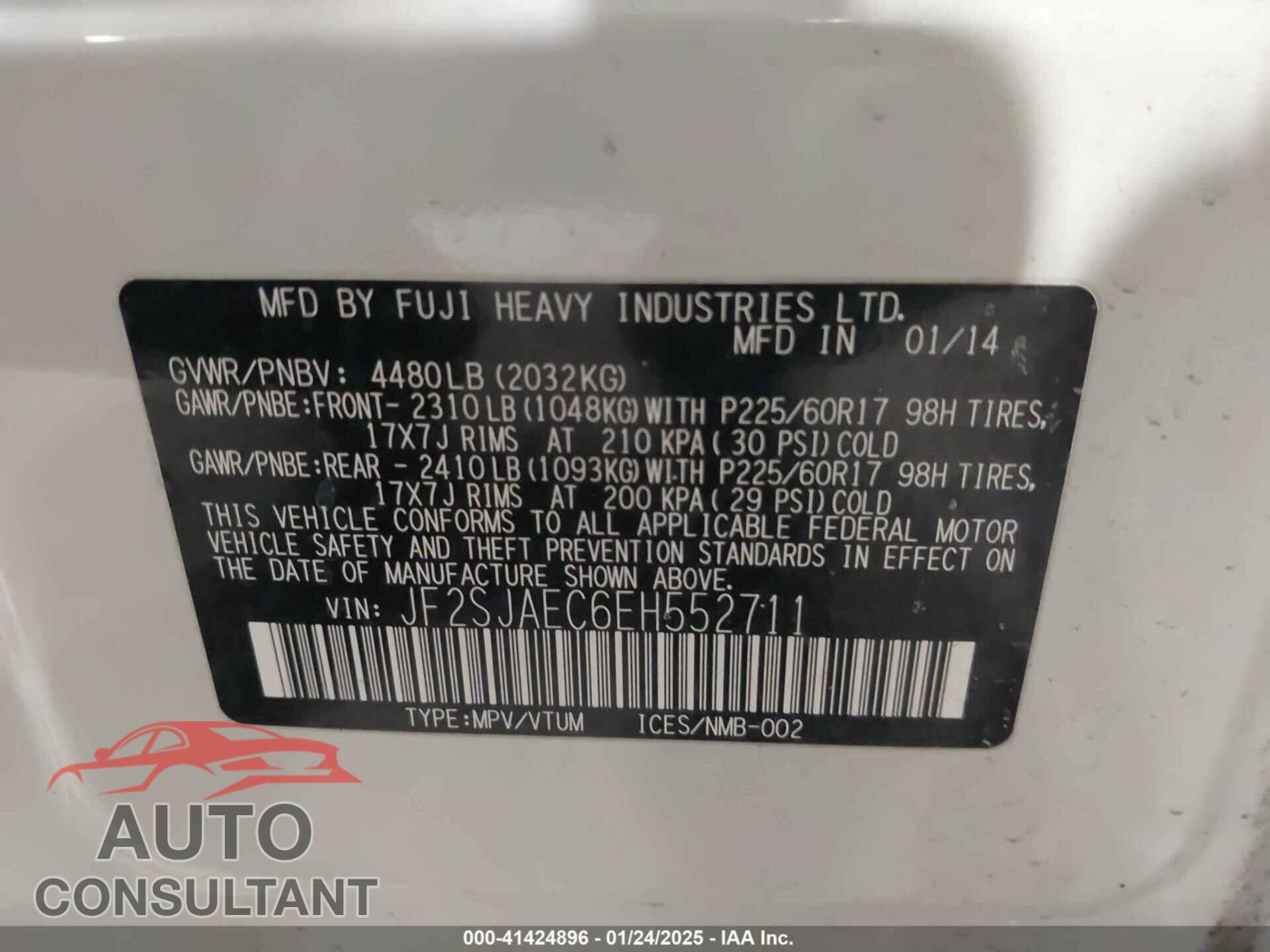 SUBARU FORESTER 2014 - JF2SJAEC6EH552711