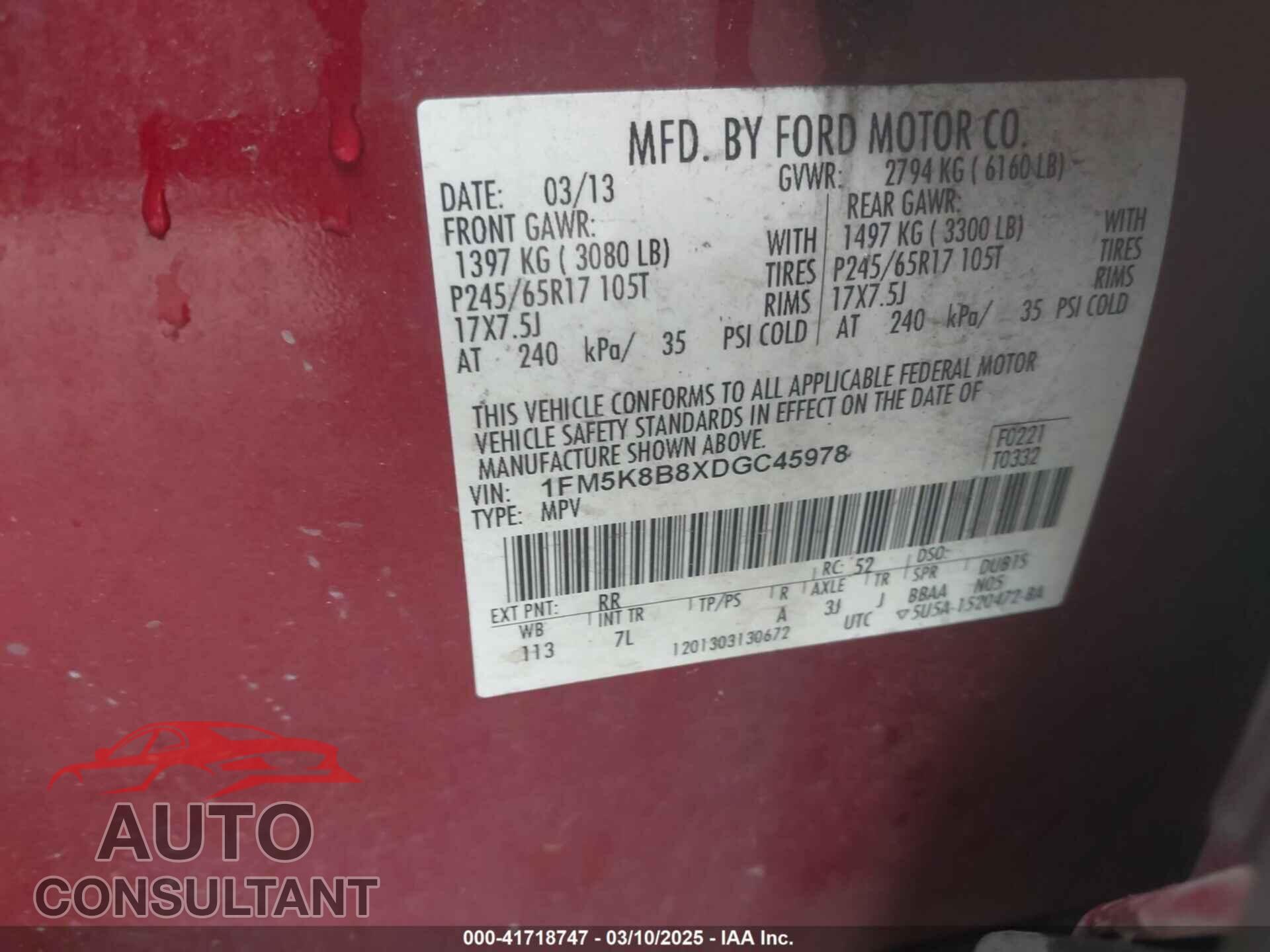 FORD EXPLORER 2013 - 1FM5K8B8XDGC45978