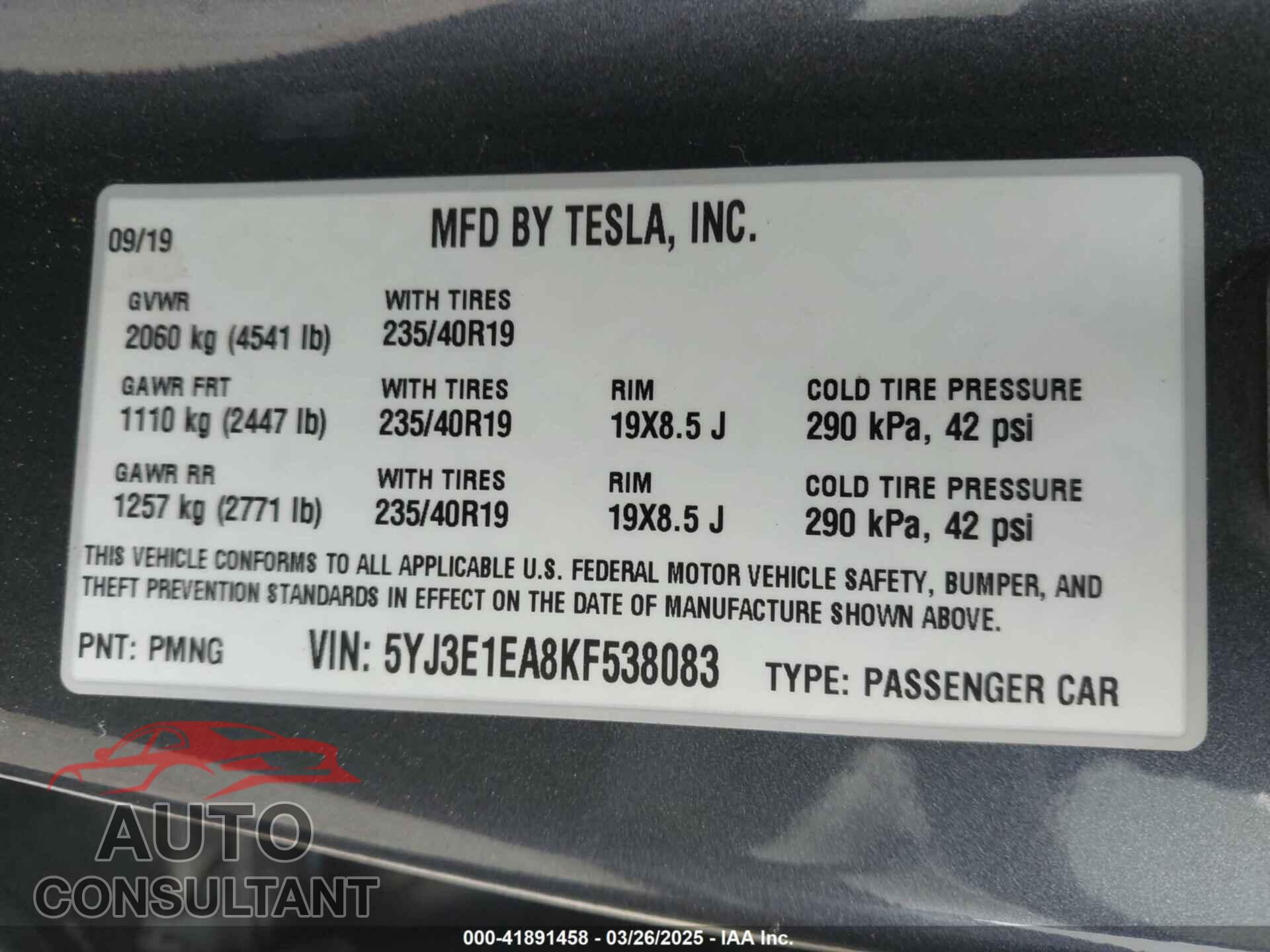 TESLA MODEL 3 2019 - 5YJ3E1EA8KF538083