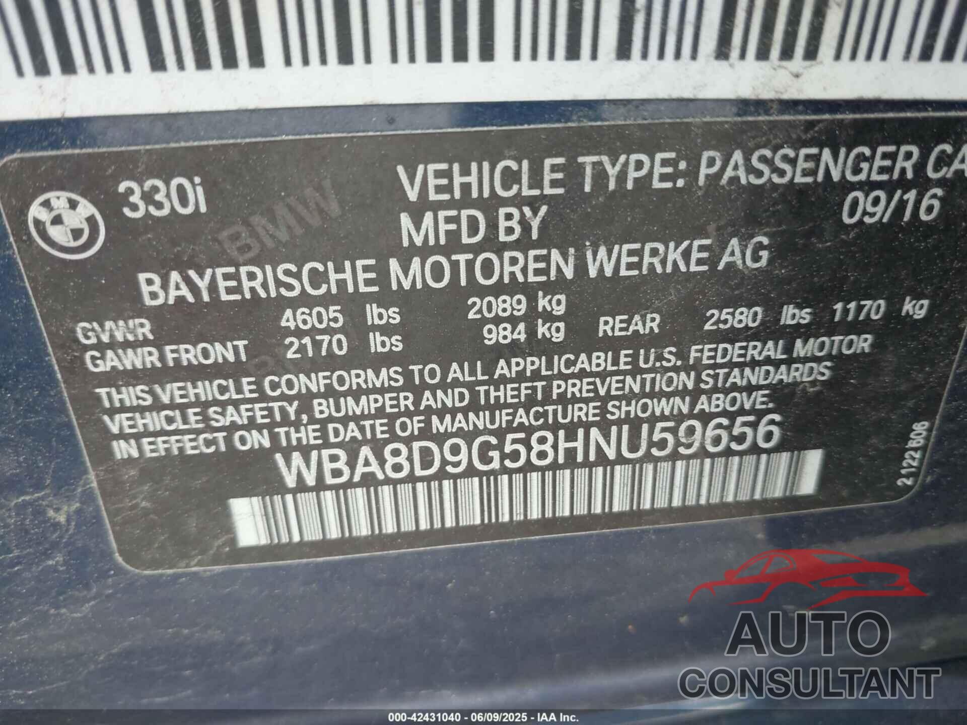 BMW 330I 2017 - WBA8D9G58HNU59656