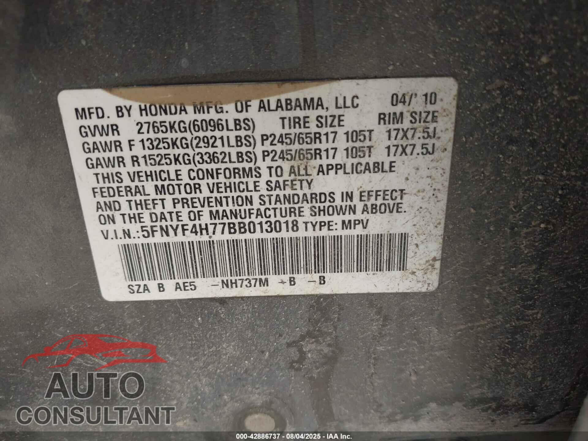 HONDA PILOT 2011 - 5FNYF4H77BB013018