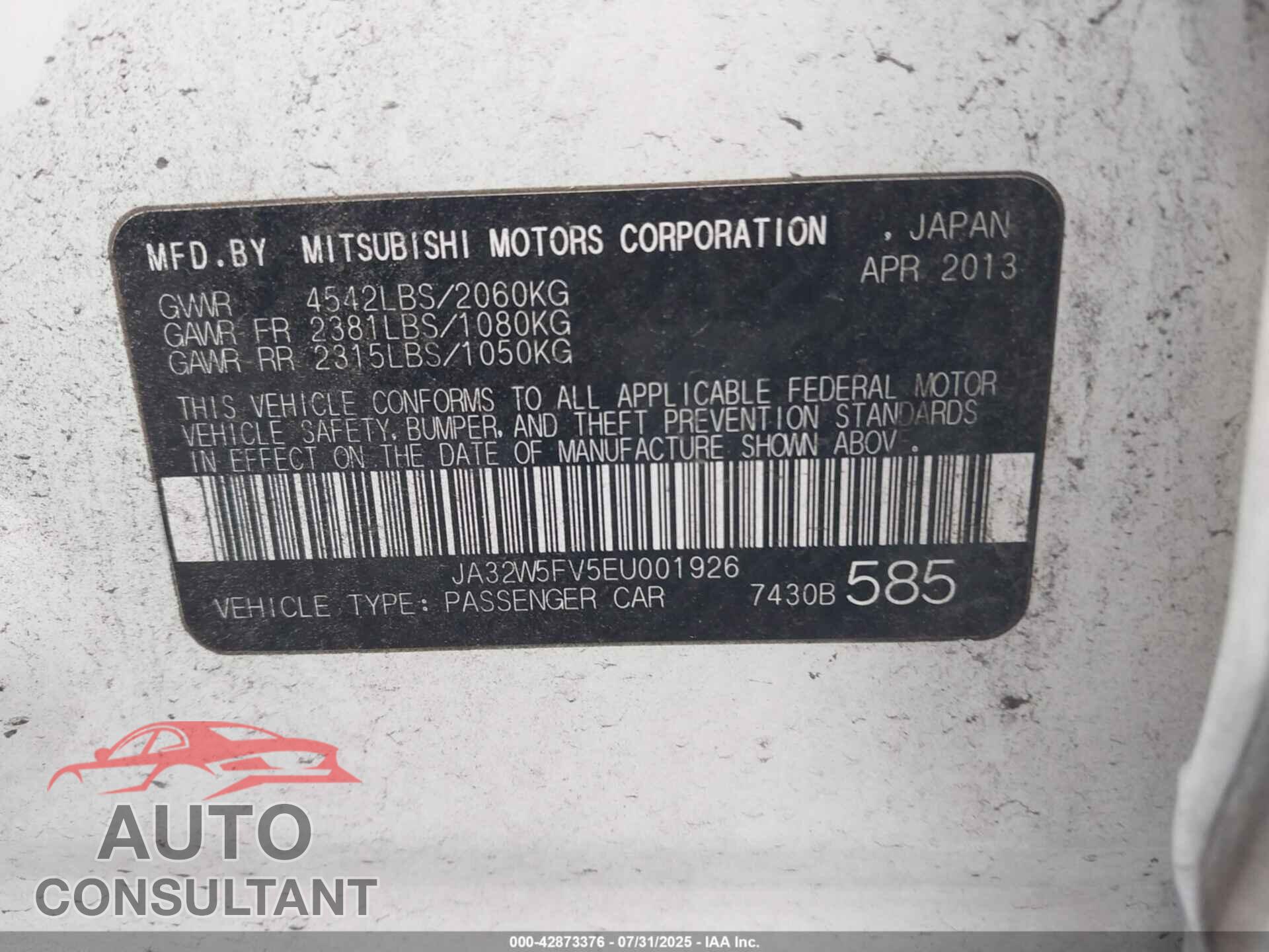 MITSUBISHI LANCER EVOLUTION 2014 - JA32W5FV5EU001926