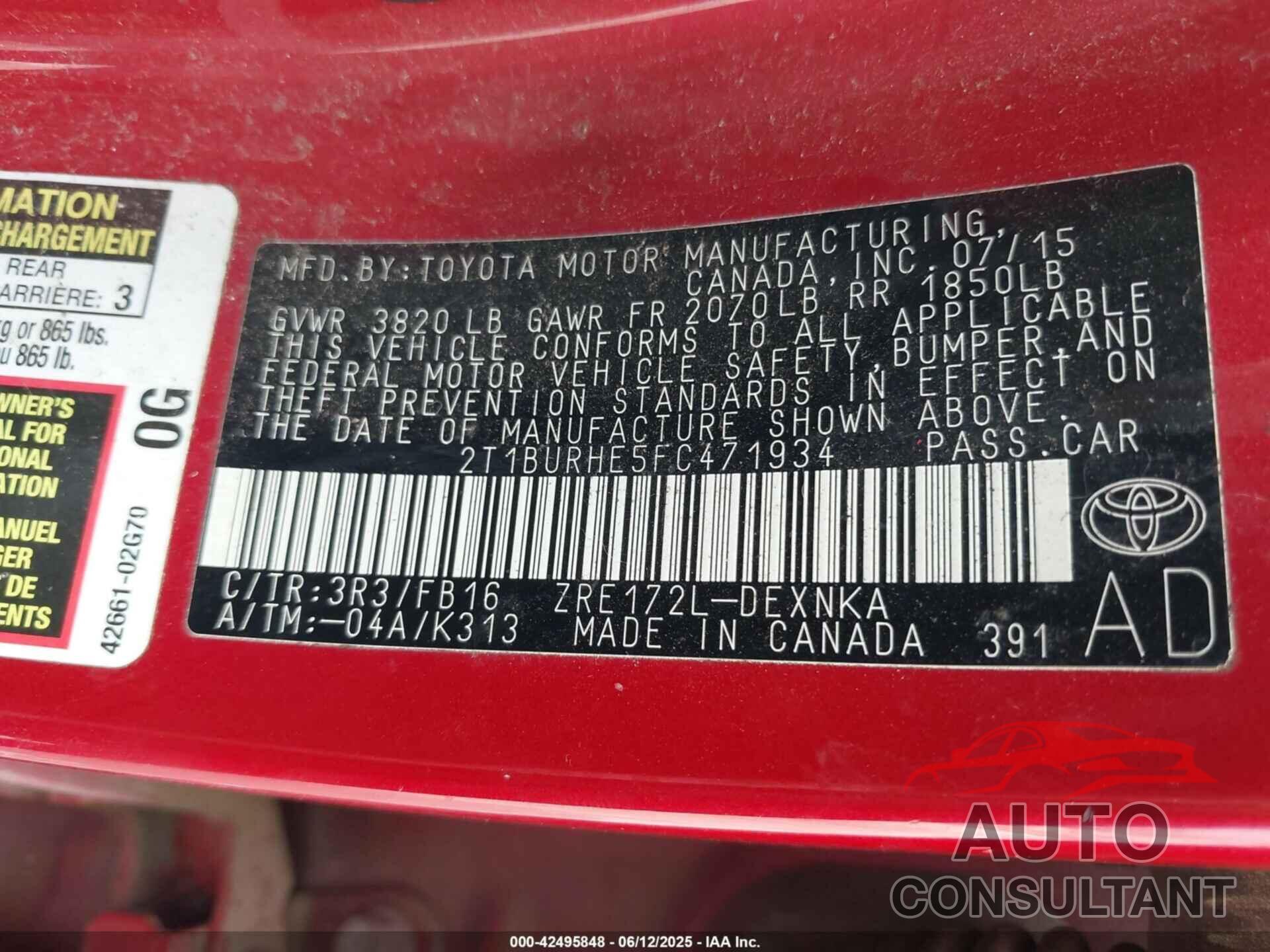 TOYOTA COROLLA 2015 - 2T1BURHE5FC471934