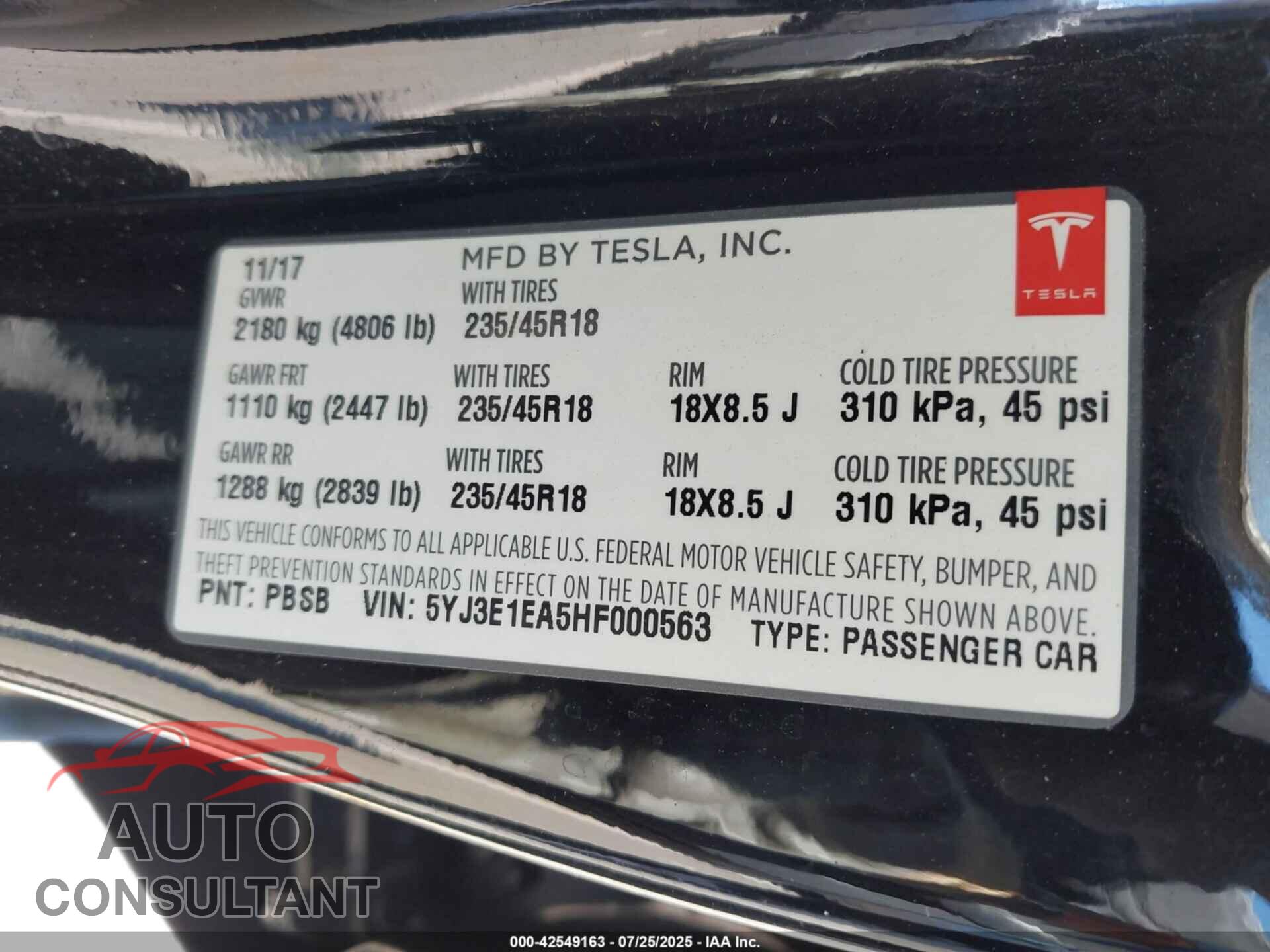 TESLA MODEL 3 2017 - 5YJ3E1EA5HF000563