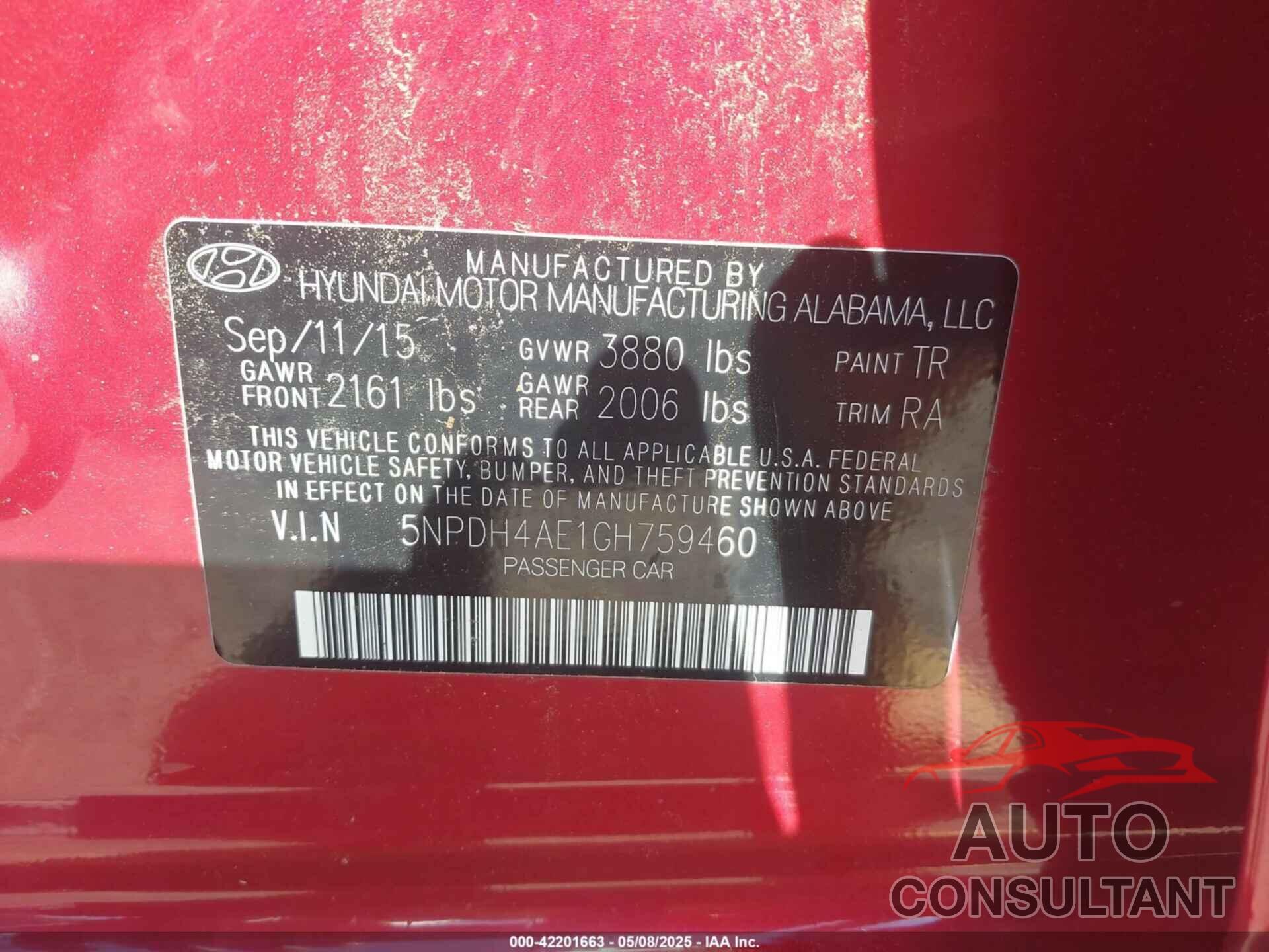HYUNDAI ELANTRA 2016 - 5NPDH4AE1GH759460