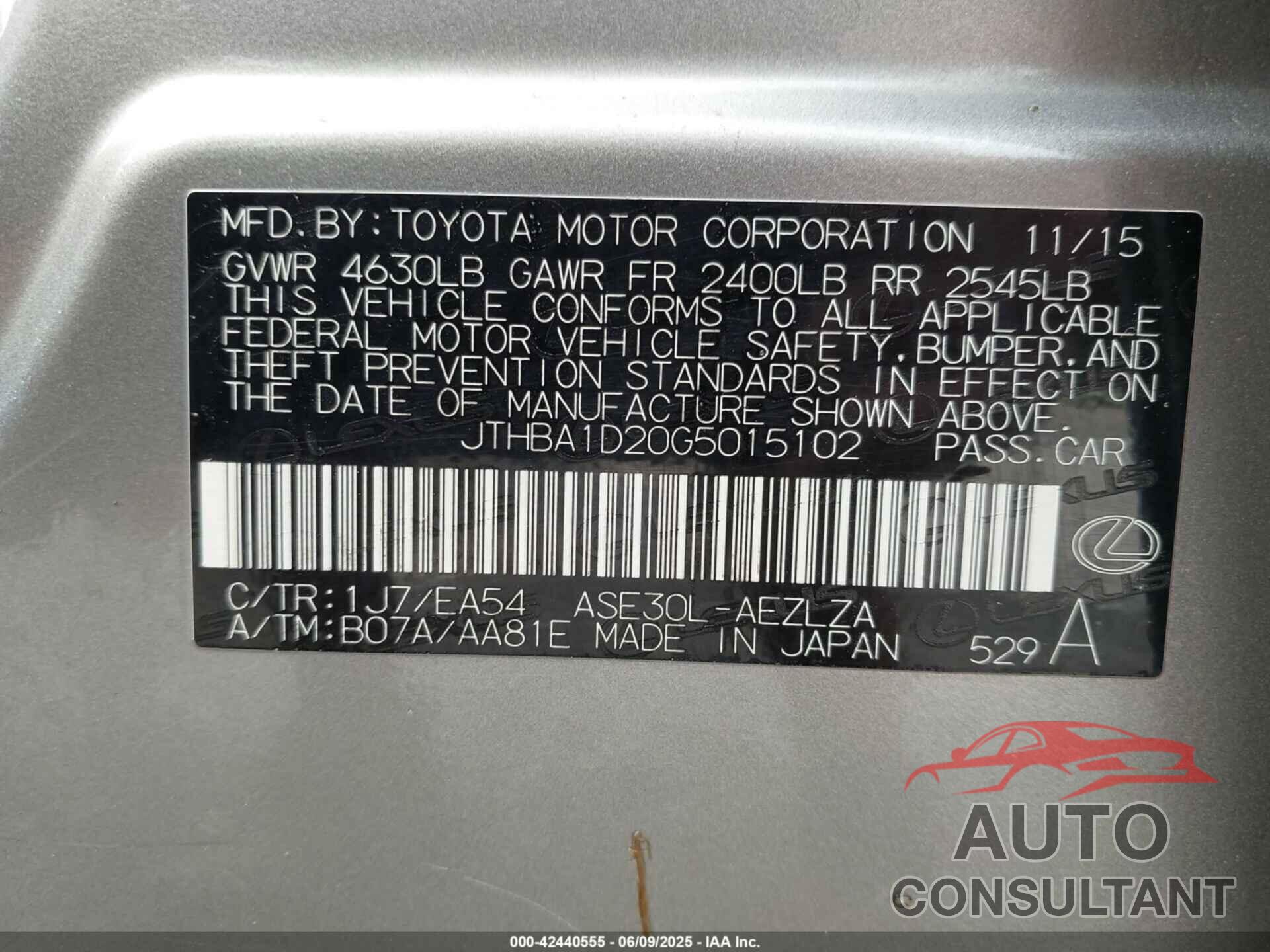 LEXUS IS 200T 2016 - JTHBA1D20G5015102