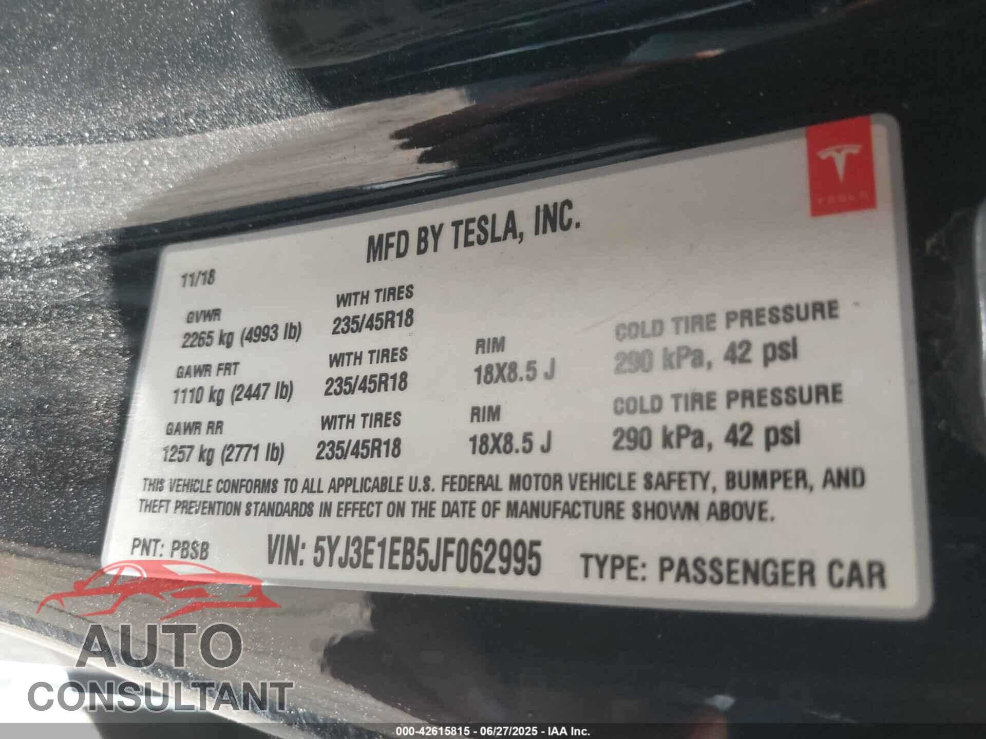 TESLA MODEL 3 2018 - 5YJ3E1EB5JF062995