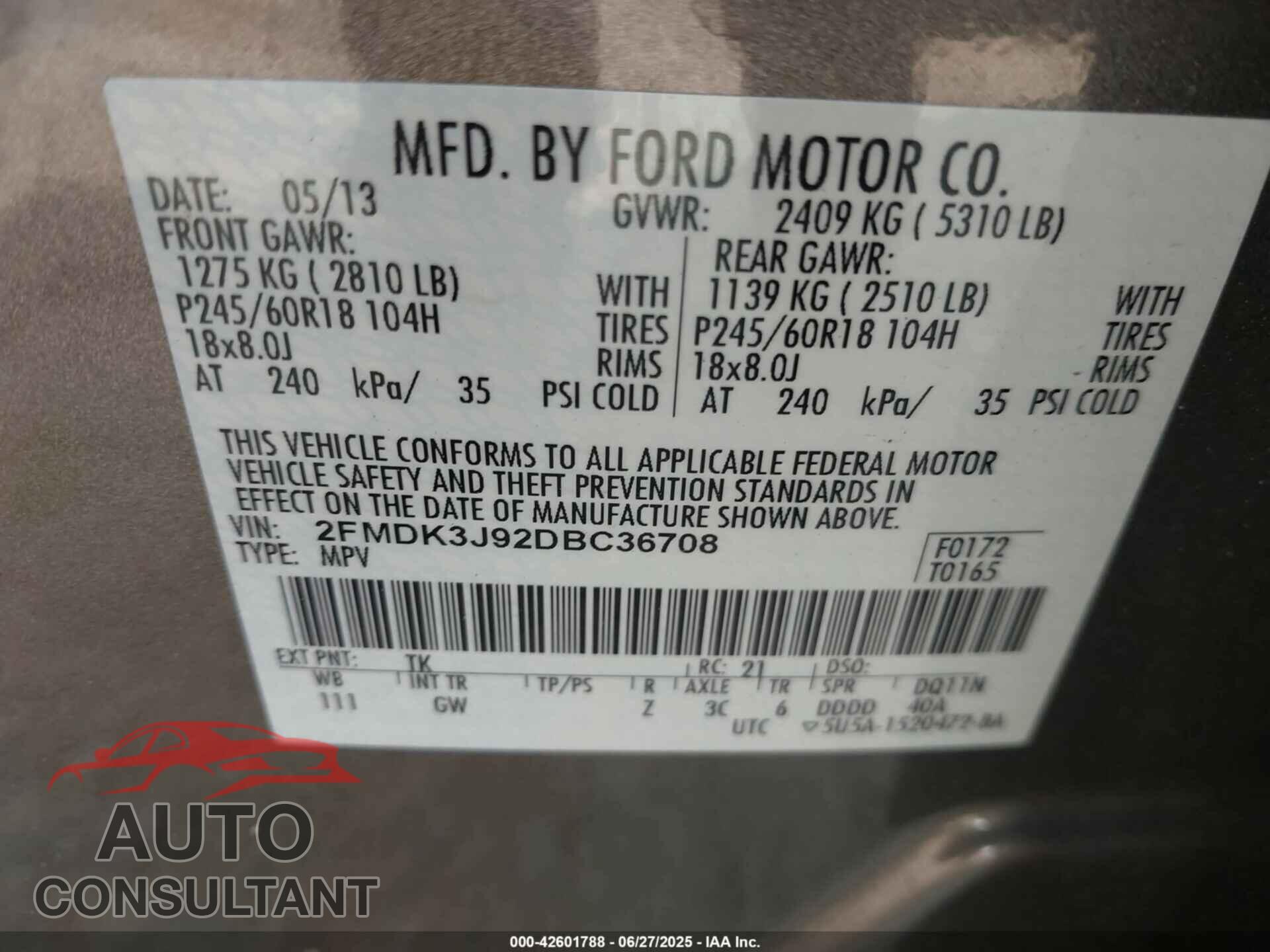 FORD EDGE 2013 - 2FMDK3J92DBC36708