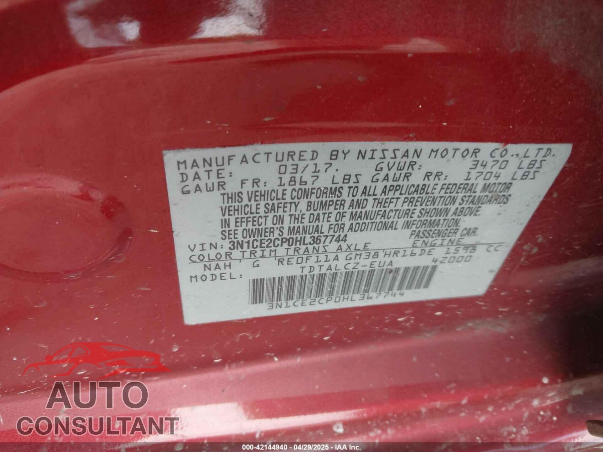 NISSAN VERSA NOTE 2017 - 3N1CE2CP0HL367744