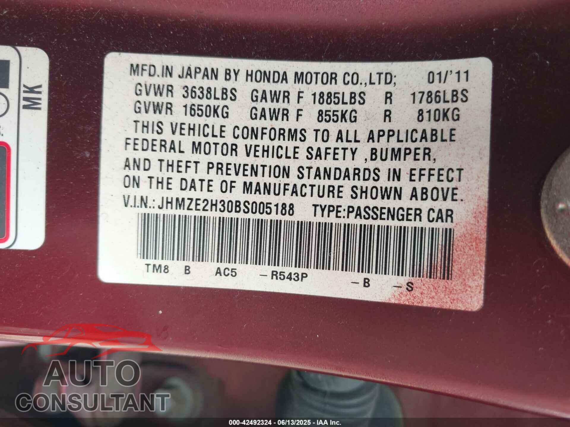 HONDA INSIGHT 2011 - JHMZE2H30BS005188