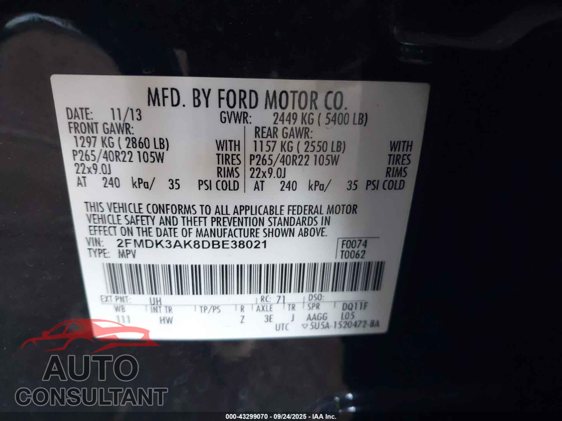 FORD EDGE 2013 - 2FMDK3AK8DBE38021