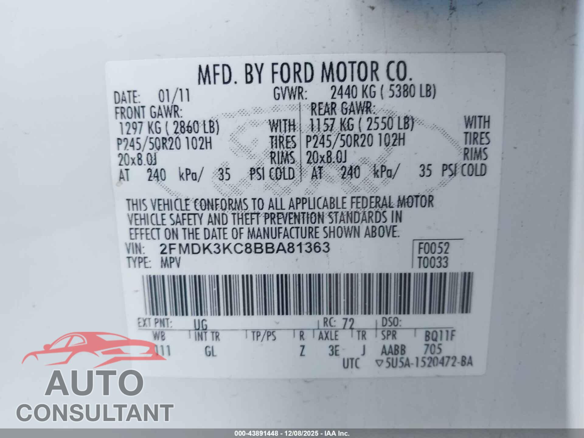 FORD EDGE 2011 - 2FMDK3KC8BBA81363