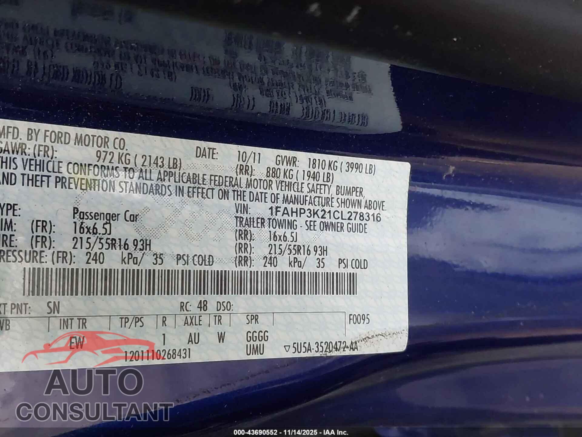 FORD FOCUS 2012 - 1FAHP3K21CL278316