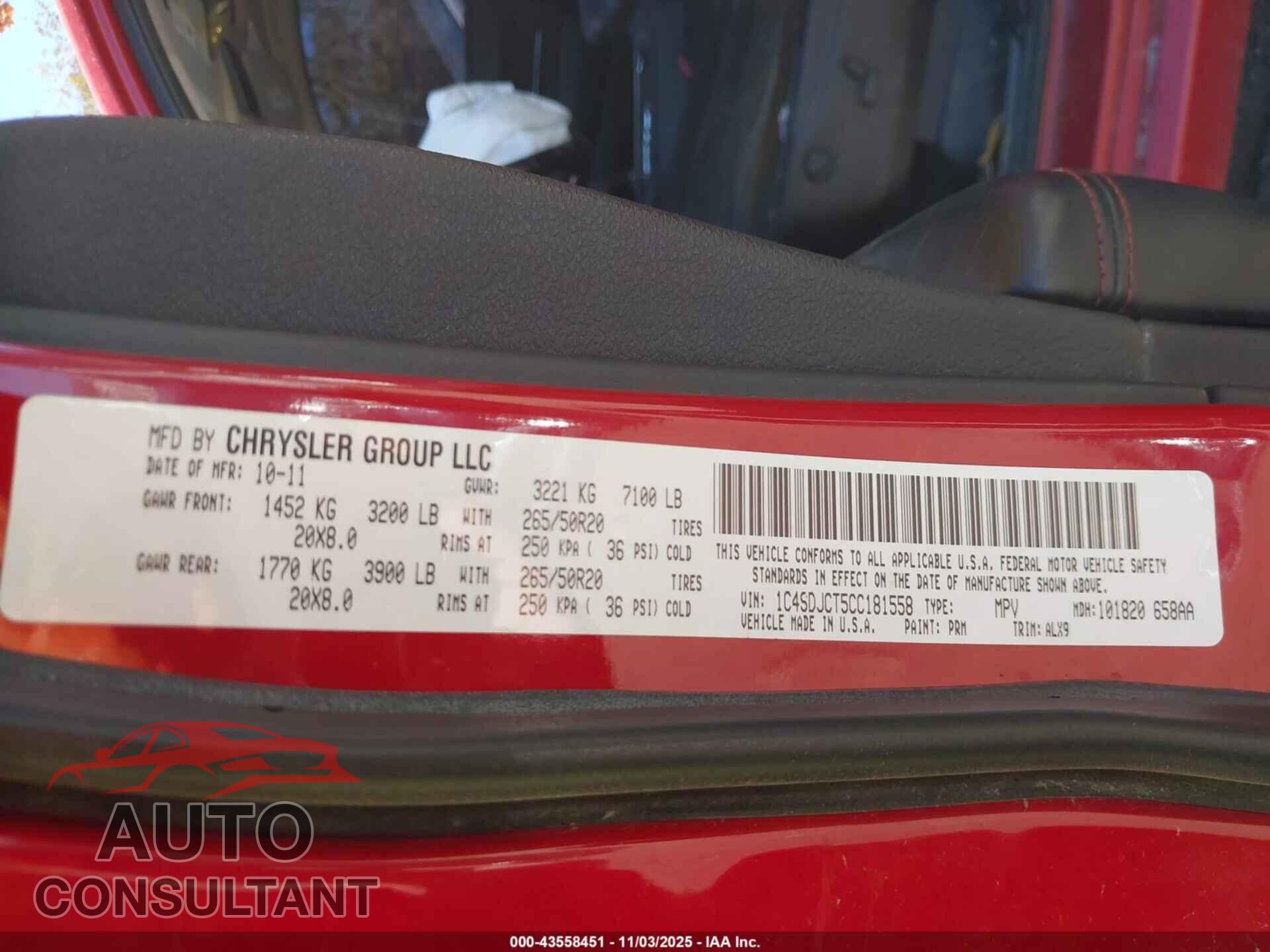 DODGE DURANGO 2012 - 1C4SDJCT5CC181558