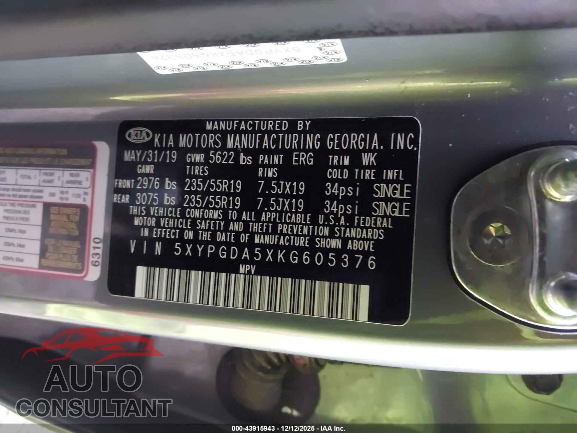 KIA SORENTO 2019 - 5XYPGDA5XKG605376