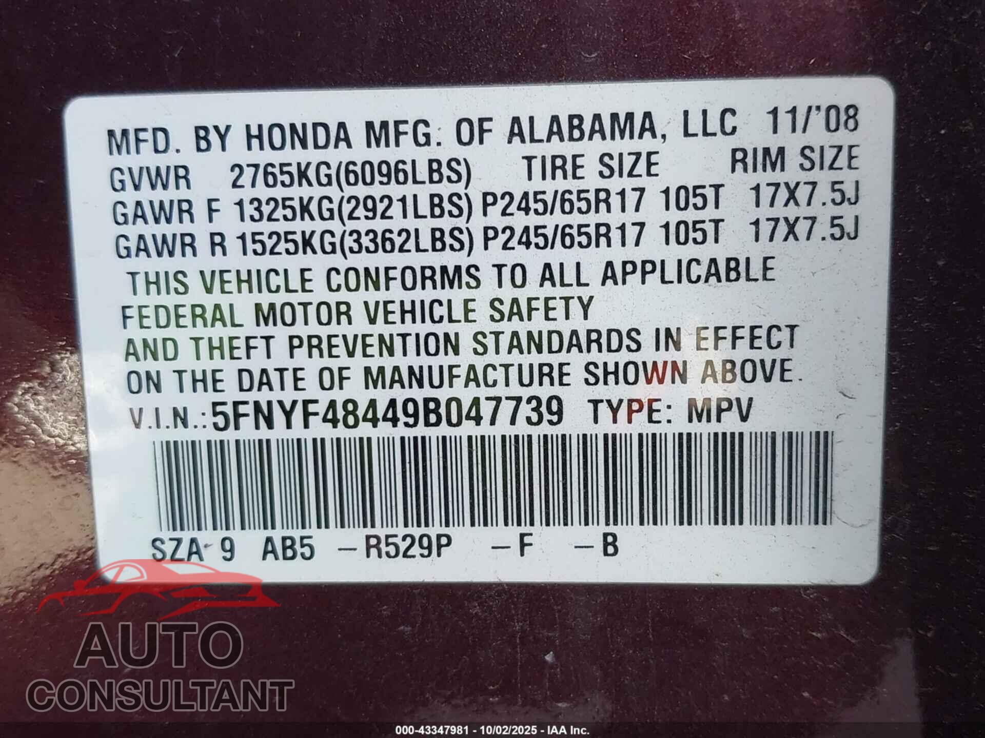 HONDA PILOT 2009 - 5FNYF48449B047739