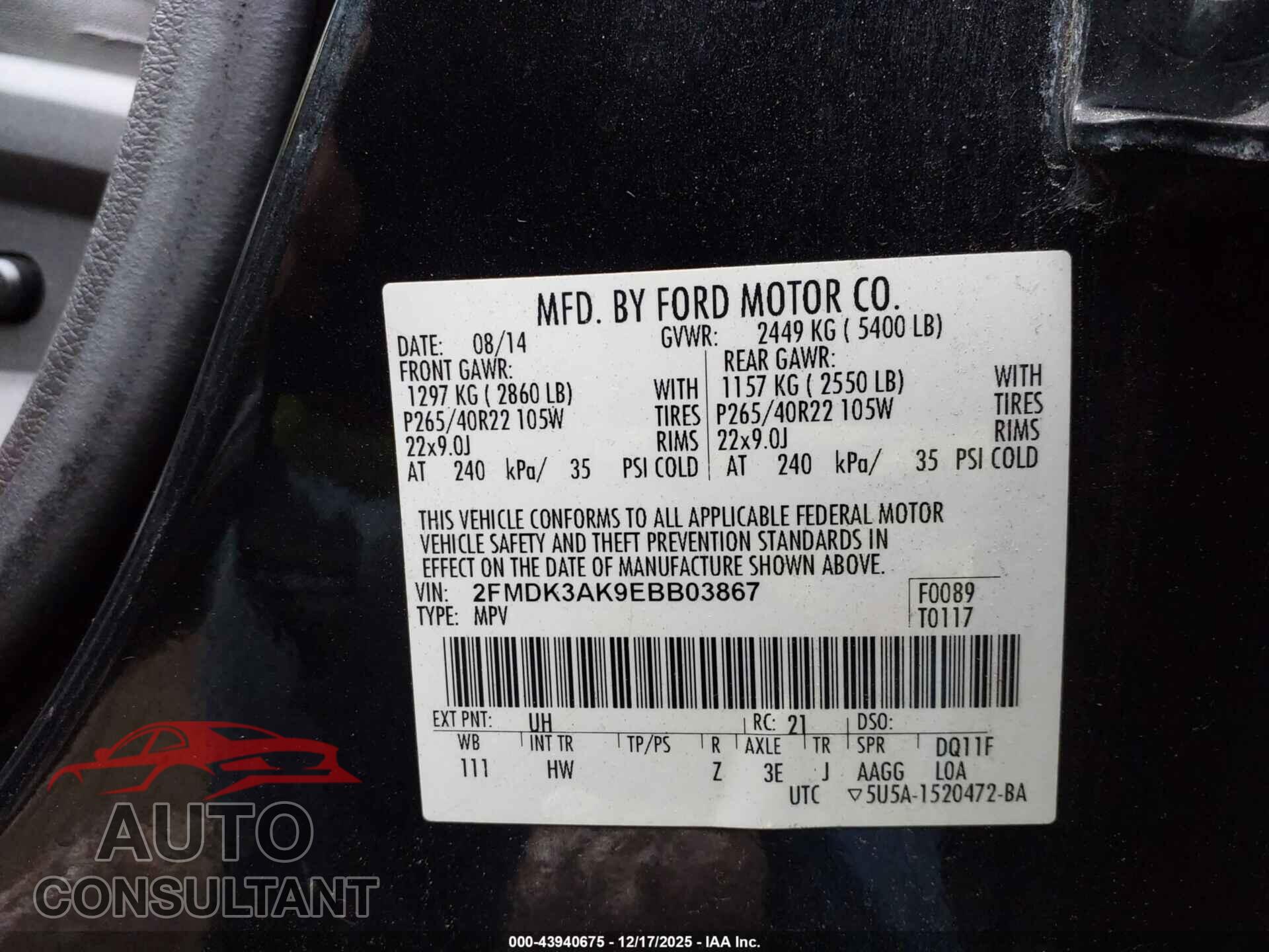 FORD EDGE 2014 - 2FMDK3AK9EBB03867