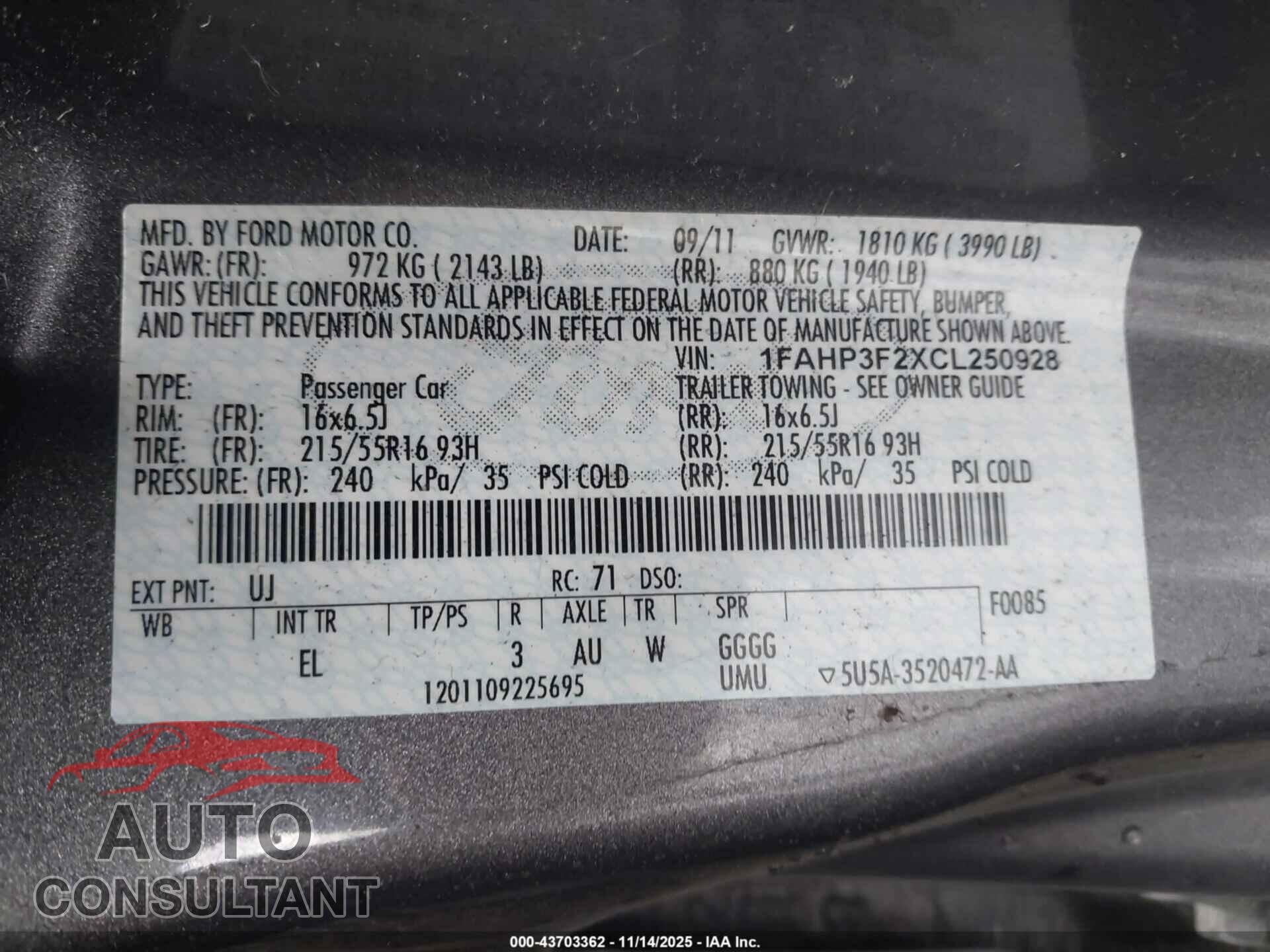 FORD FOCUS 2012 - 1FAHP3F2XCL250928