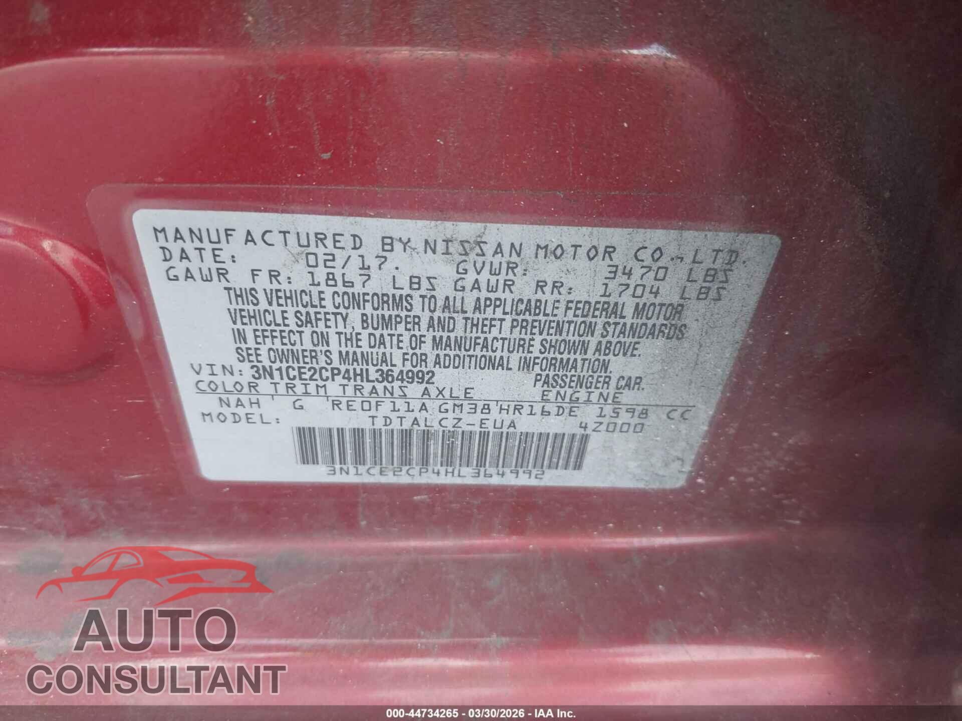 NISSAN VERSA NOTE 2017 - 3N1CE2CP4HL364992