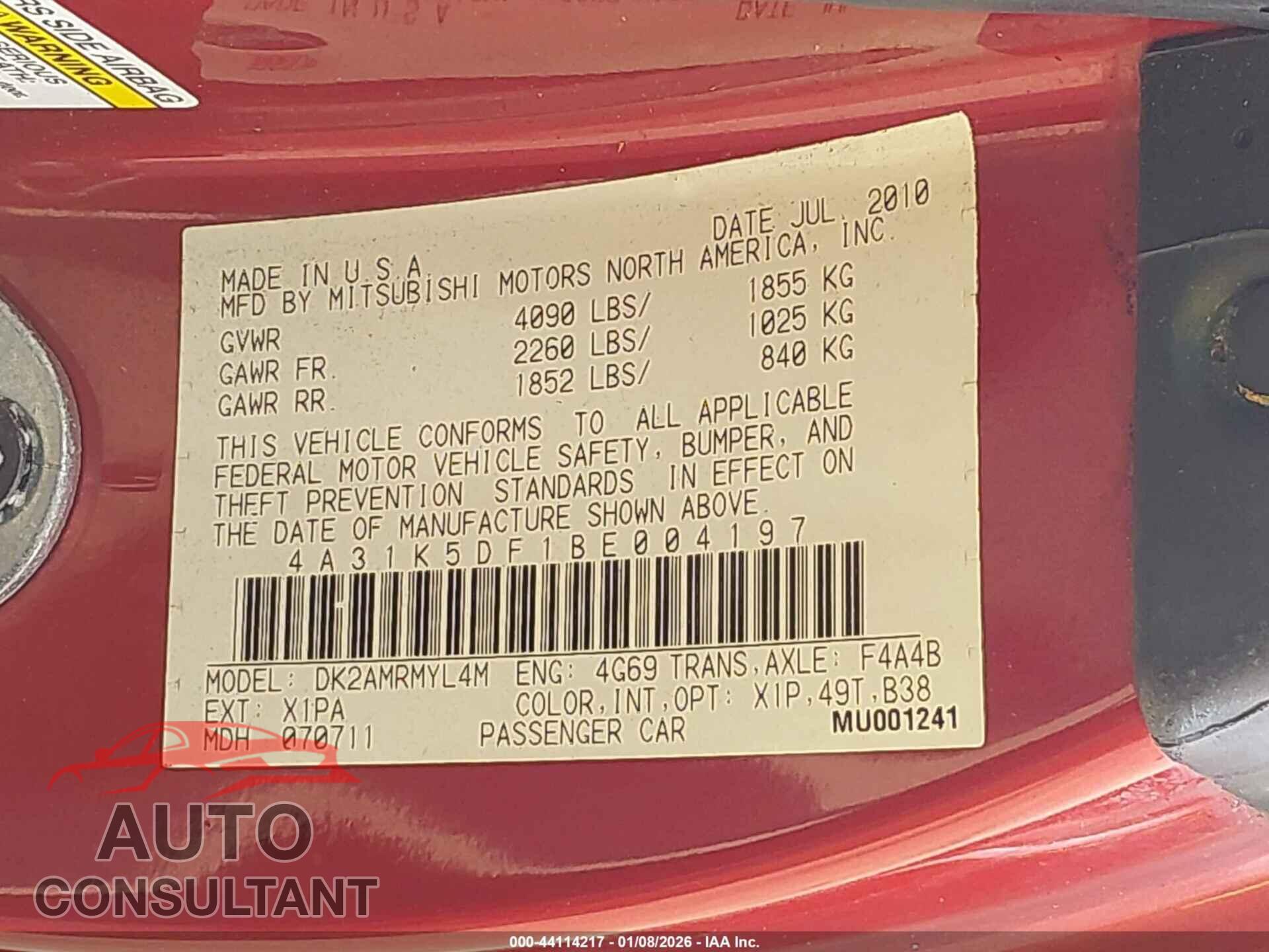 MITSUBISHI ECLIPSE 2011 - 4A31K5DF1BE004197