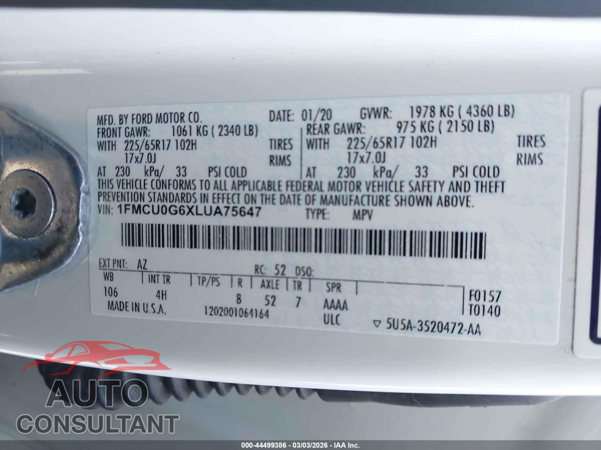FORD ESCAPE 2020 - 1FMCU0G6XLUA75647