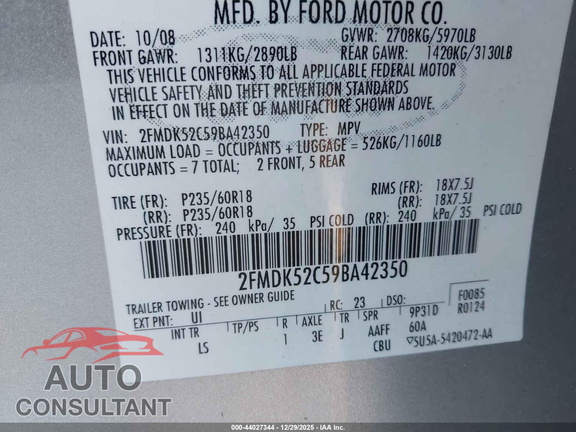 FORD FLEX 2009 - 2FMDK52C59BA42350