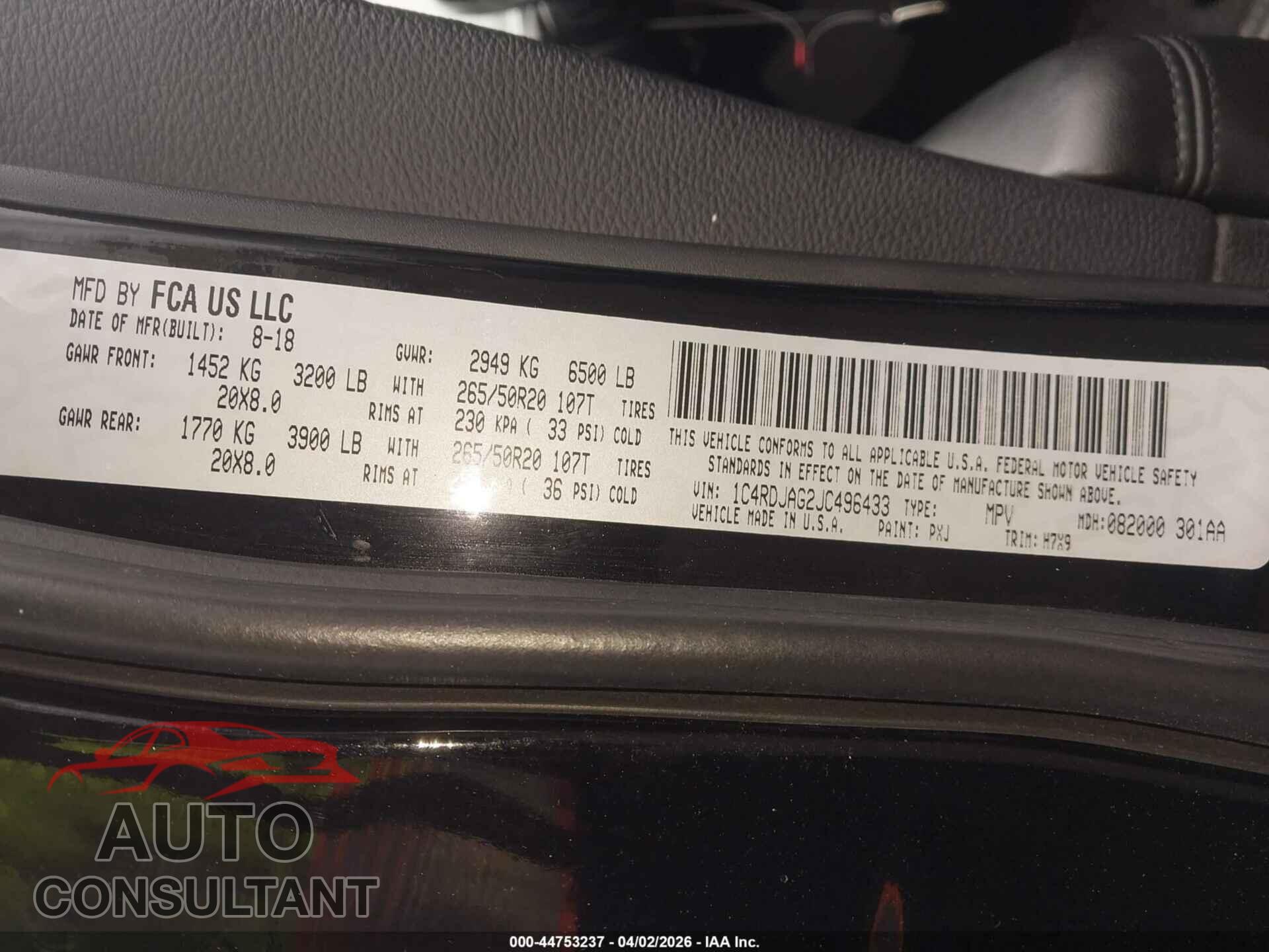 DODGE DURANGO 2018 - 1C4RDJAG2JC496433