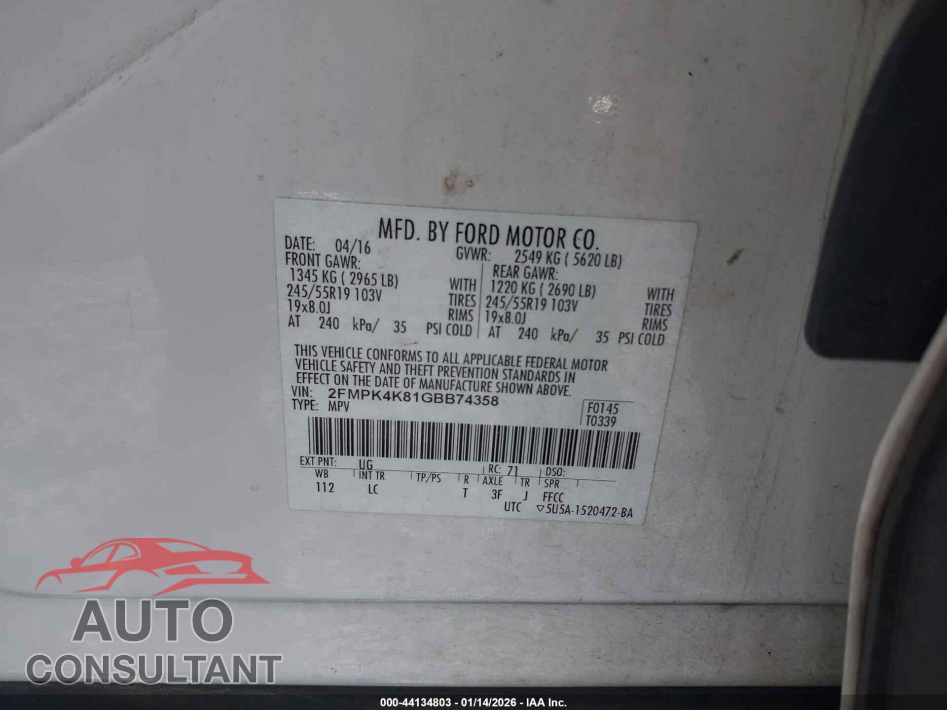 FORD EDGE 2016 - 2FMPK4K81GBB74358