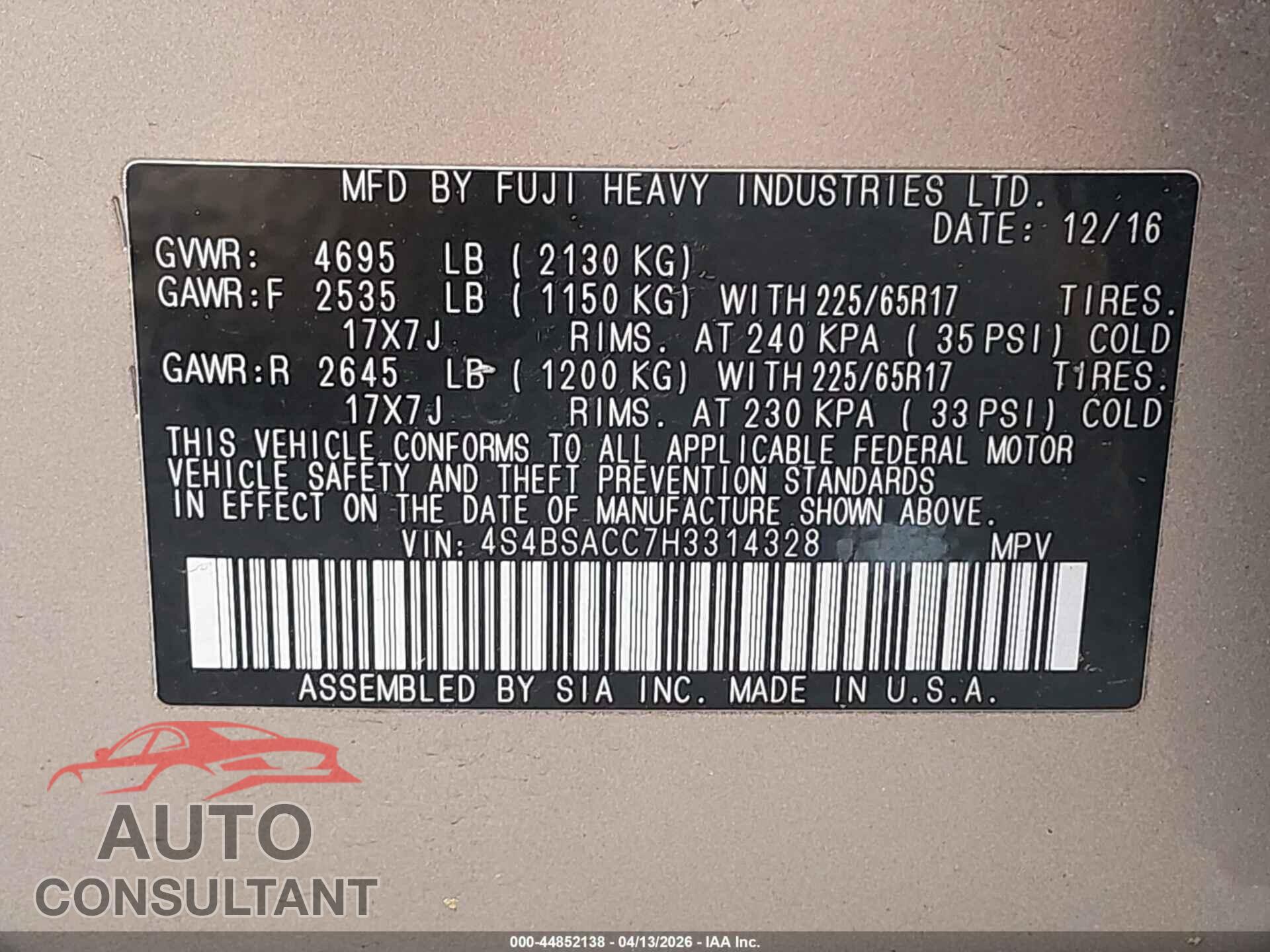 SUBARU OUTBACK 2017 - 4S4BSACC7H3314328
