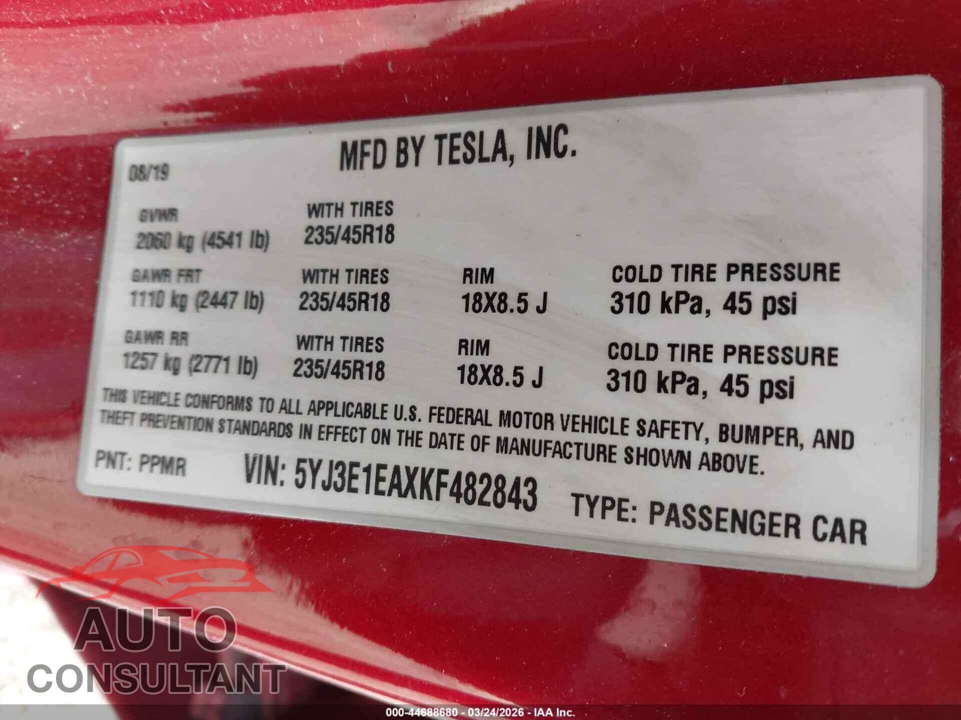 TESLA MODEL 3 2019 - 5YJ3E1EAXKF482843