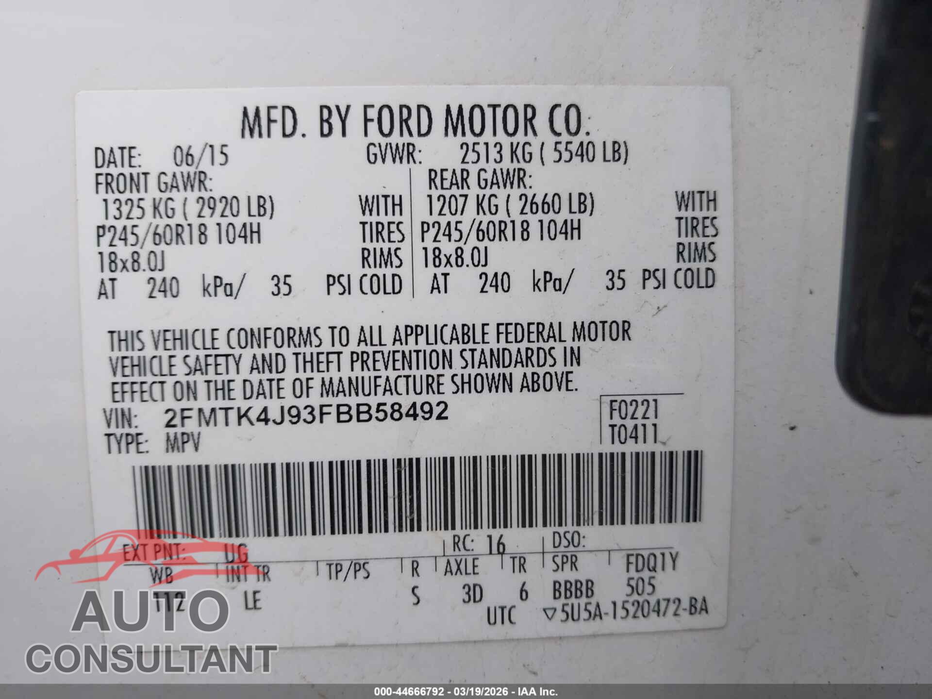 FORD EDGE 2015 - 2FMTK4J93FBB58492
