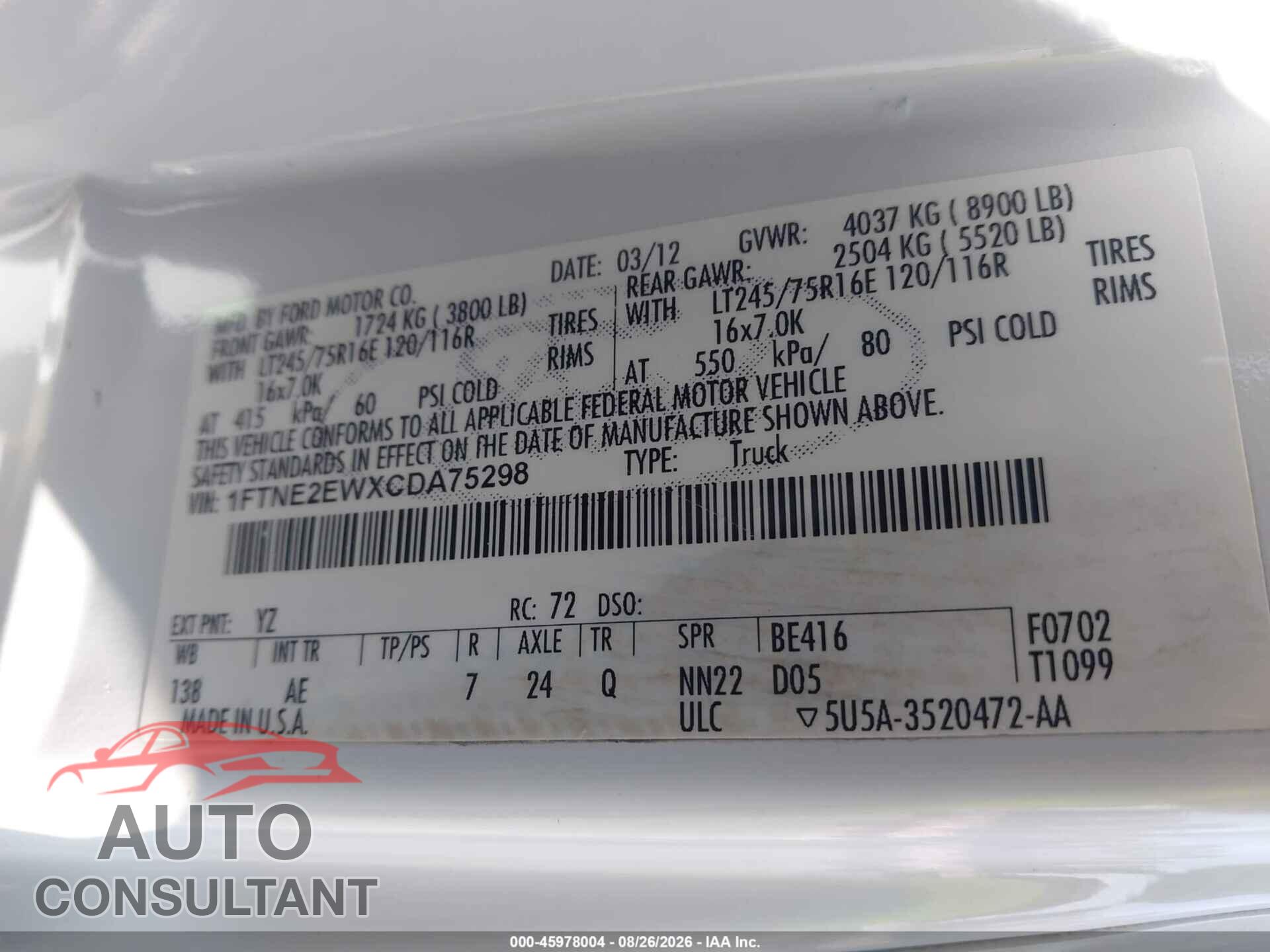 FORD E-250 2012 - 1FTNE2EWXCDA75298