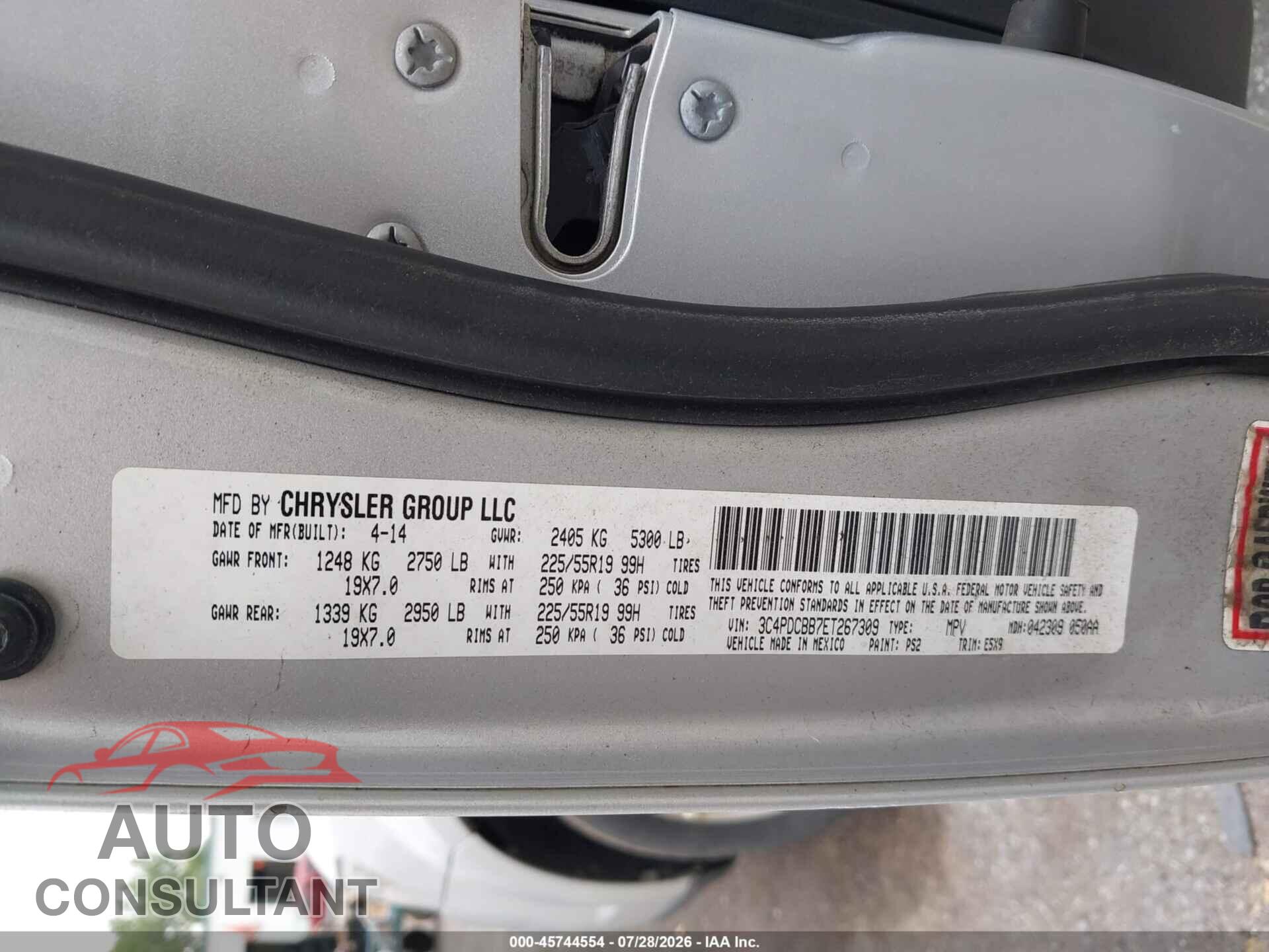 DODGE JOURNEY 2014 - 3C4PDCBB7ET267309