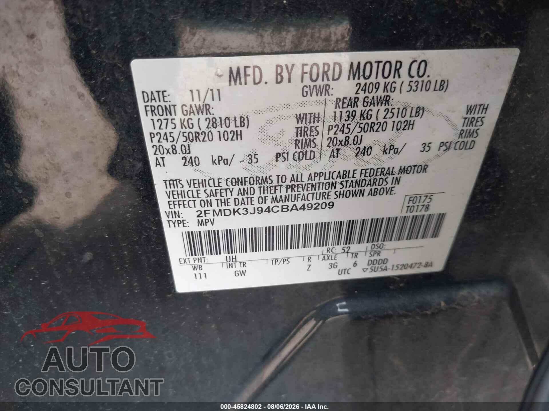 FORD EDGE 2012 - 2FMDK3J94CBA49209