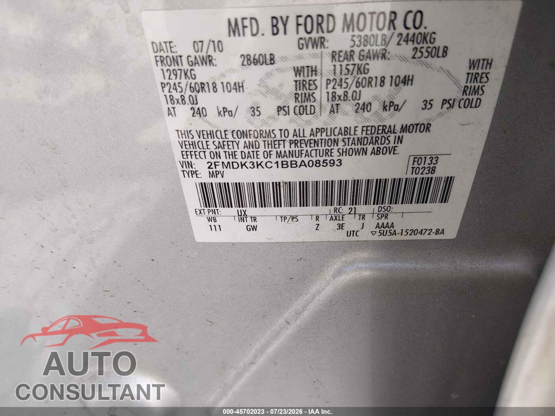 FORD EDGE 2011 - 2FMDK3KC1BBA08593