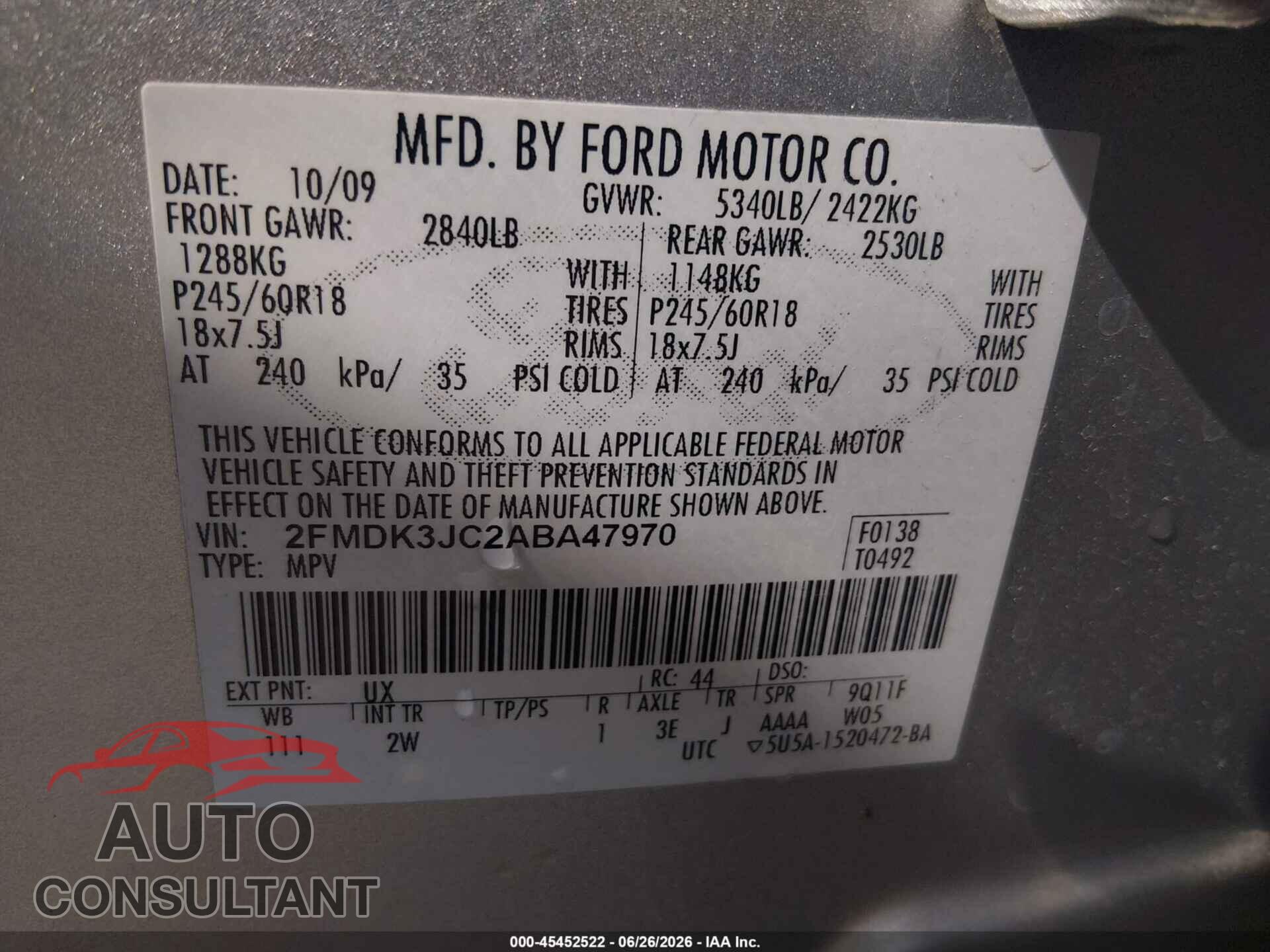 FORD EDGE 2010 - 2FMDK3JC2ABA47970