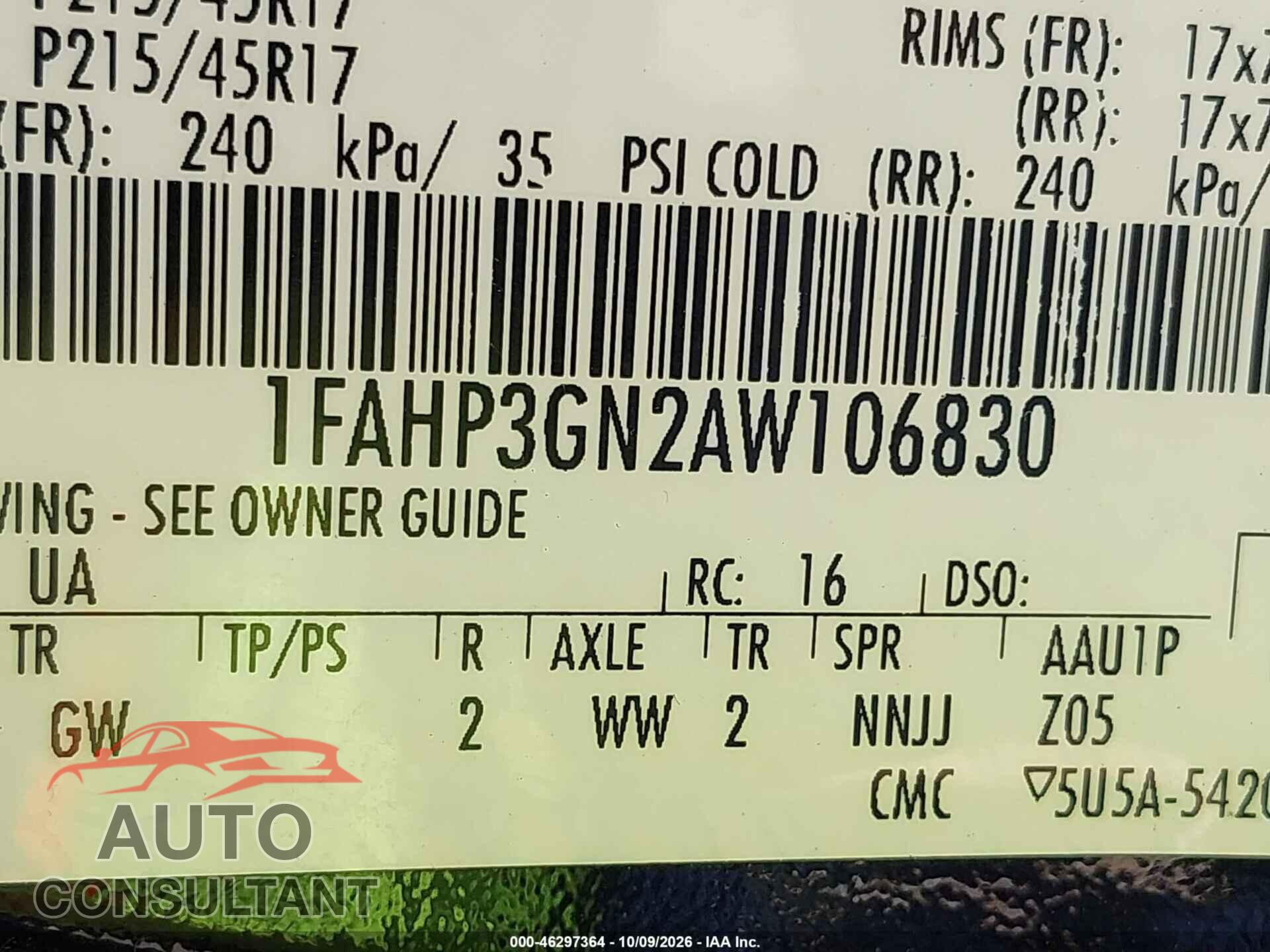 FORD FOCUS 2010 - 1FAHP3GN2AW106830