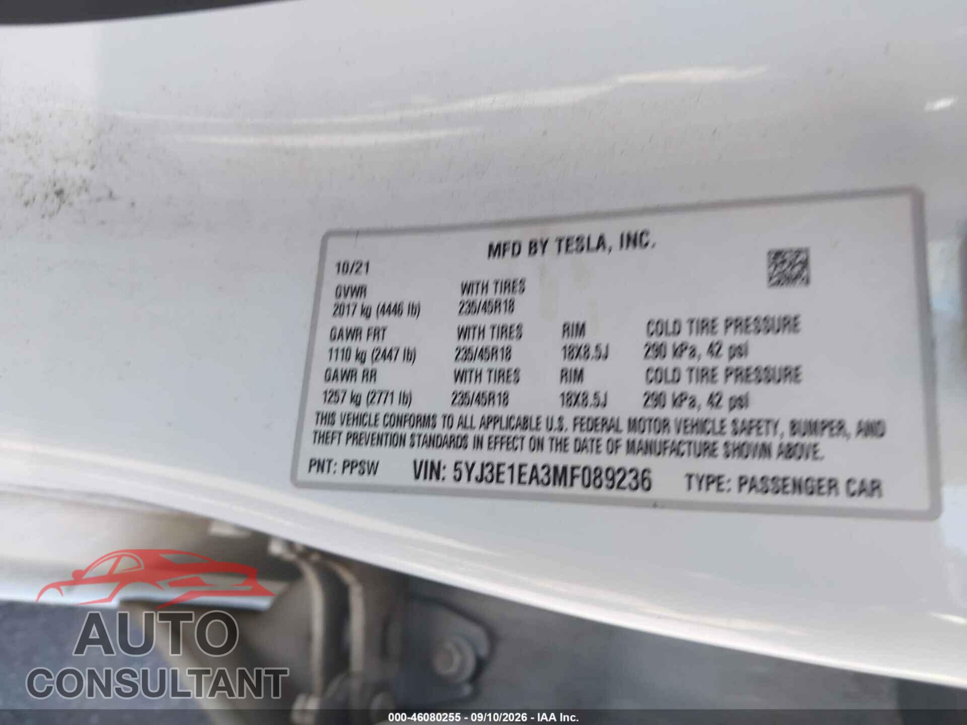 TESLA MODEL 3 2021 - 5YJ3E1EA3MF089236