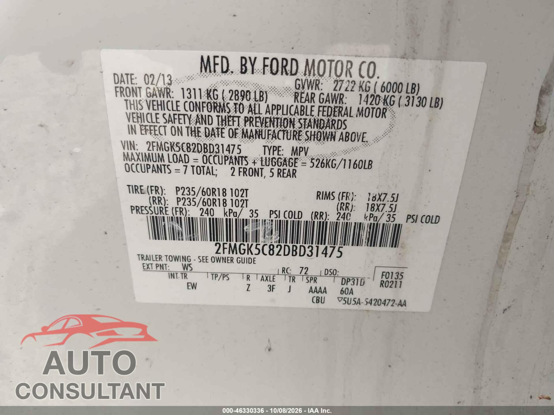 FORD FLEX 2013 - 2FMGK5C82DBD31475