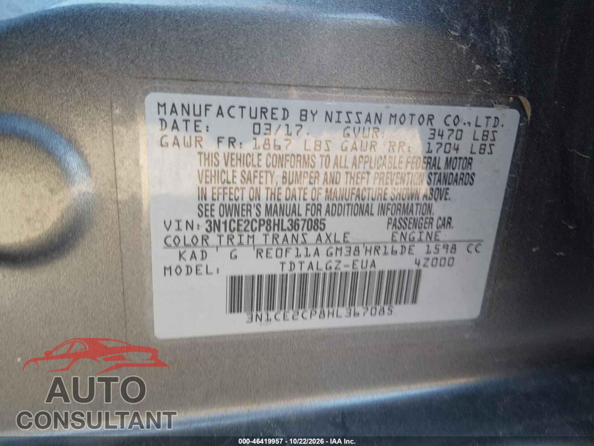 NISSAN VERSA NOTE 2017 - 3N1CE2CP8HL367085