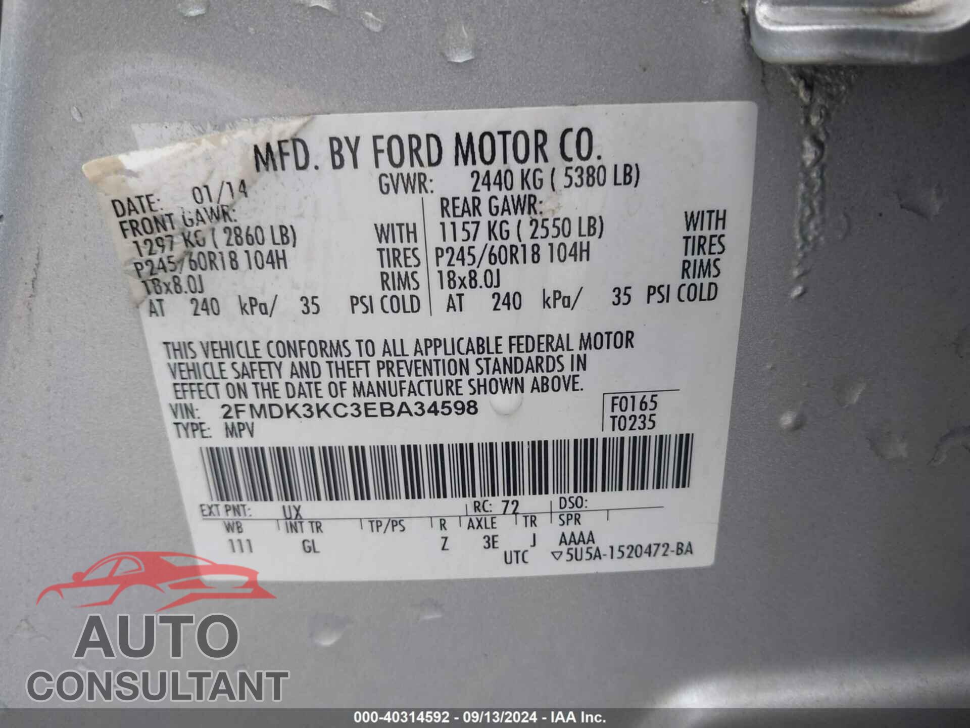 FORD EDGE 2014 - 2FMDK3KC3EBA34598